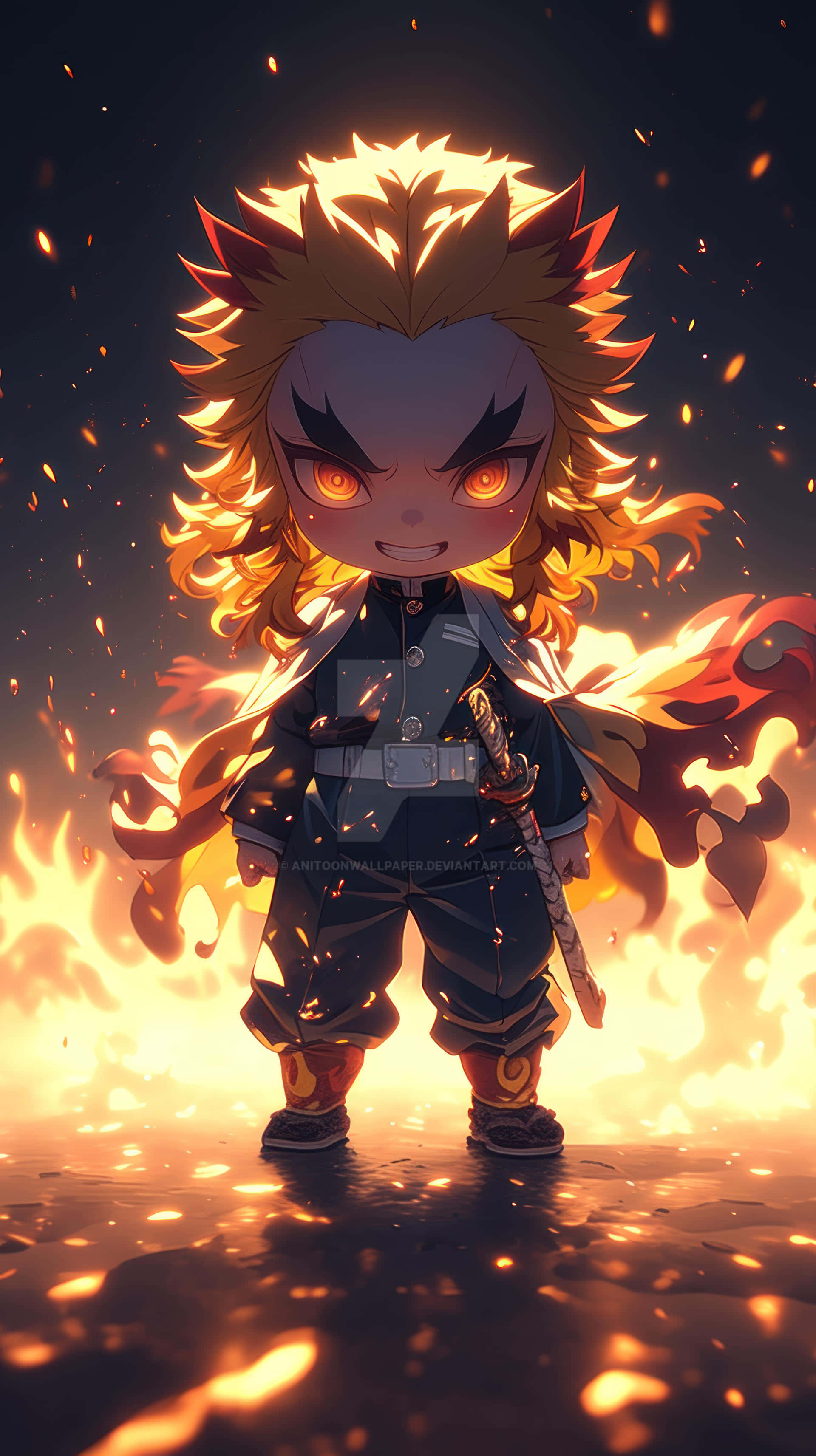 Flame Hashira, chibi anime warrior, spiky golden hair, 2K Phone Wallpaper