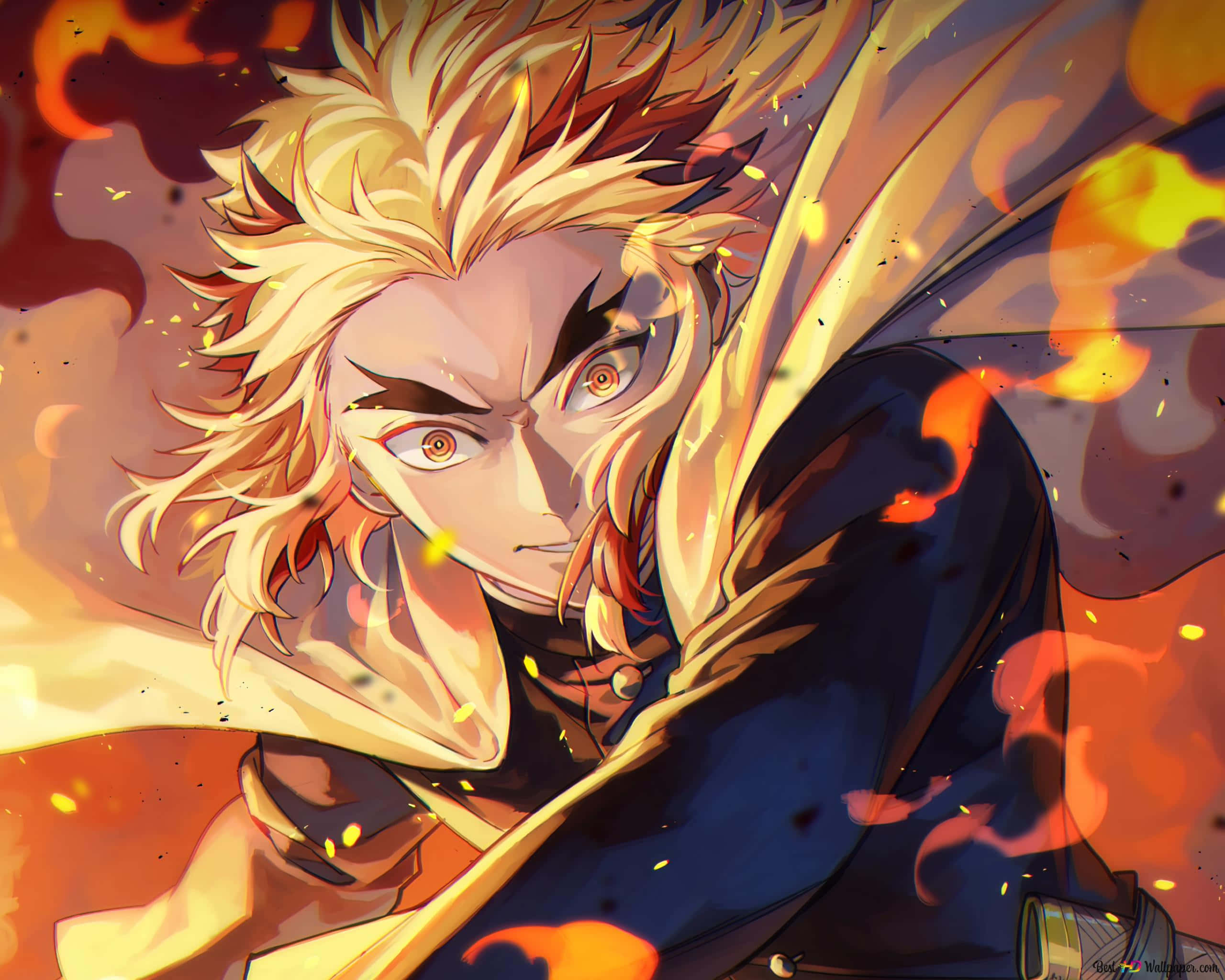 Flame Hashira, fiery-haired anime warrior, intense orange eyes, 2K Desktop Wallpaper