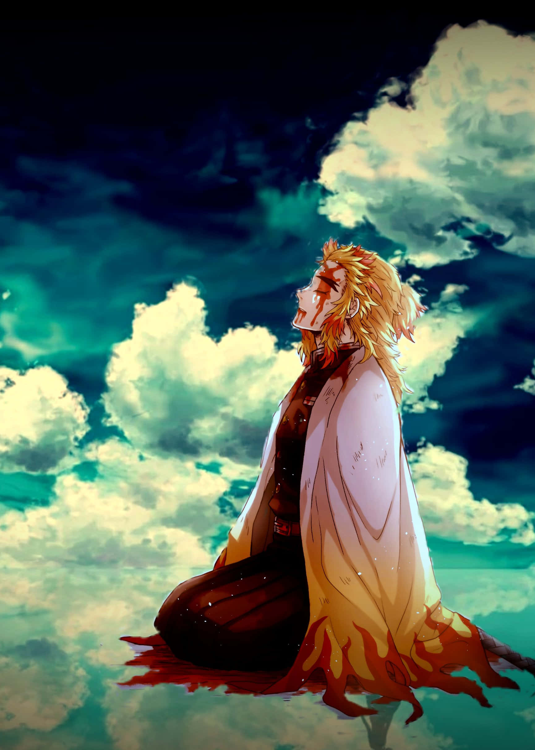 Flame Hashira, golden-haired anime warrior, stormy teal sky, Full HD Phone Wallpaper