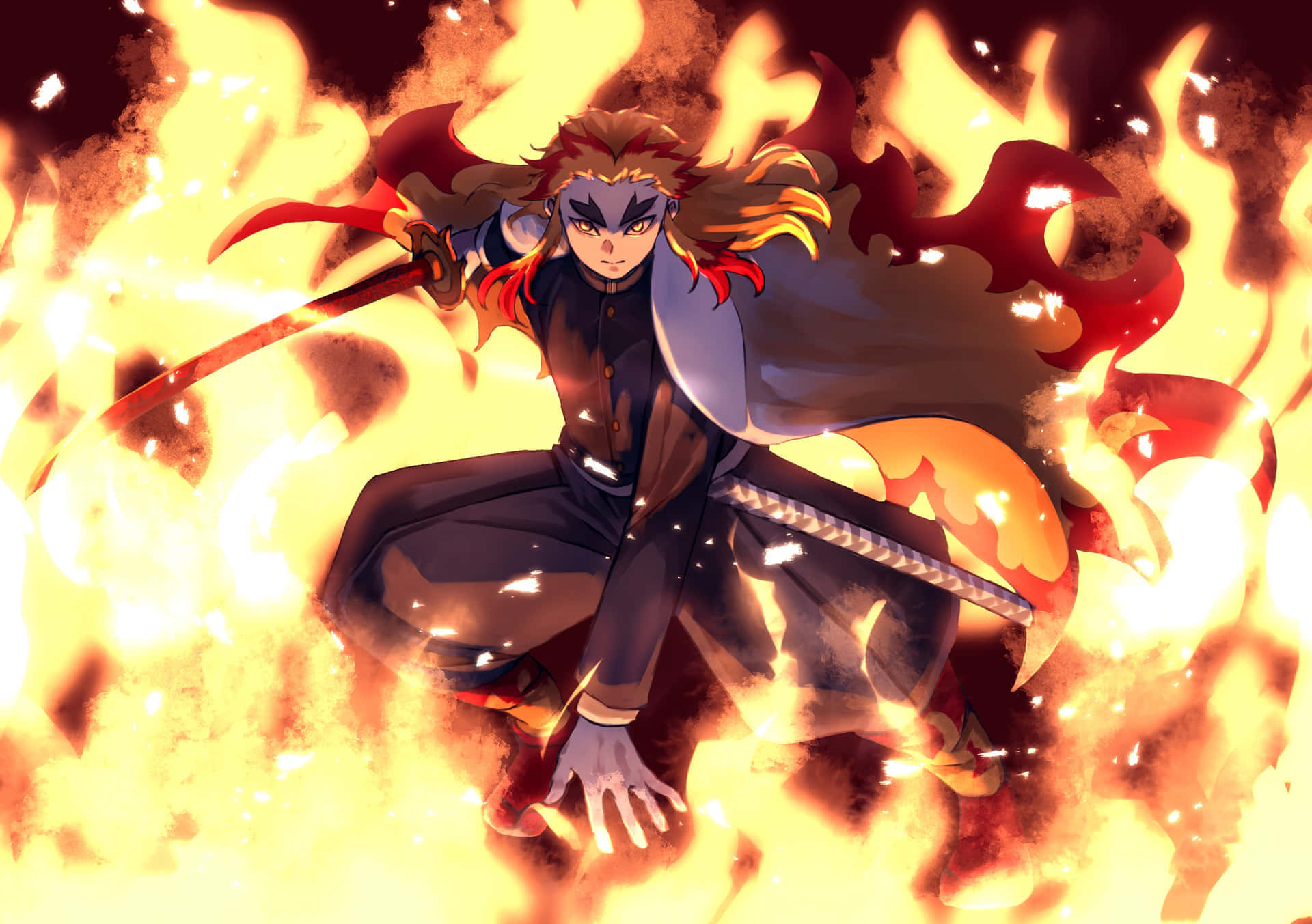 Flame Hashira, red hair, blue face, Full HD Desktop Wallpaper