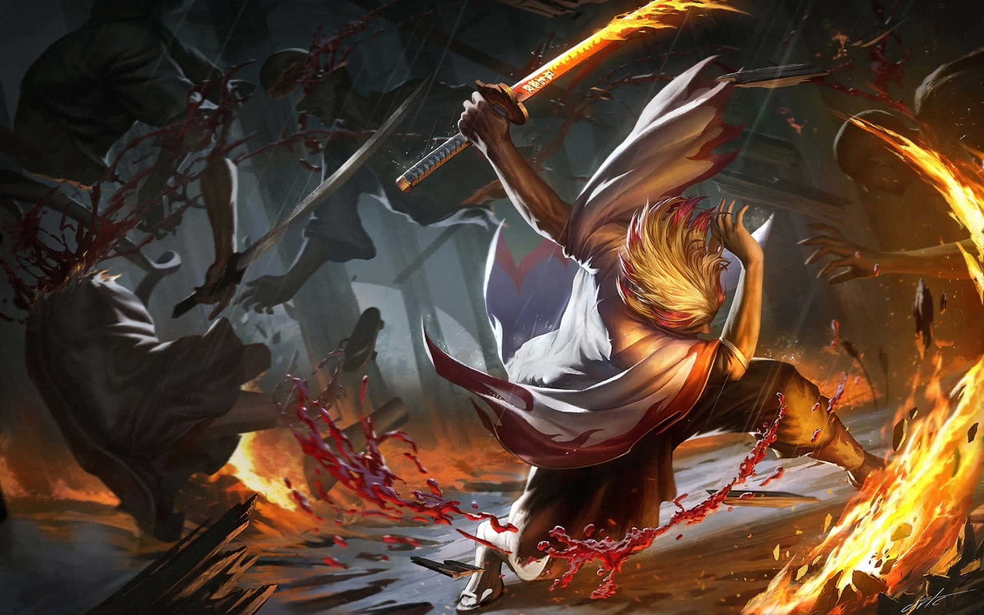 Flame Hashira, fiery hair, white robe, Full HD Desktop Wallpaper