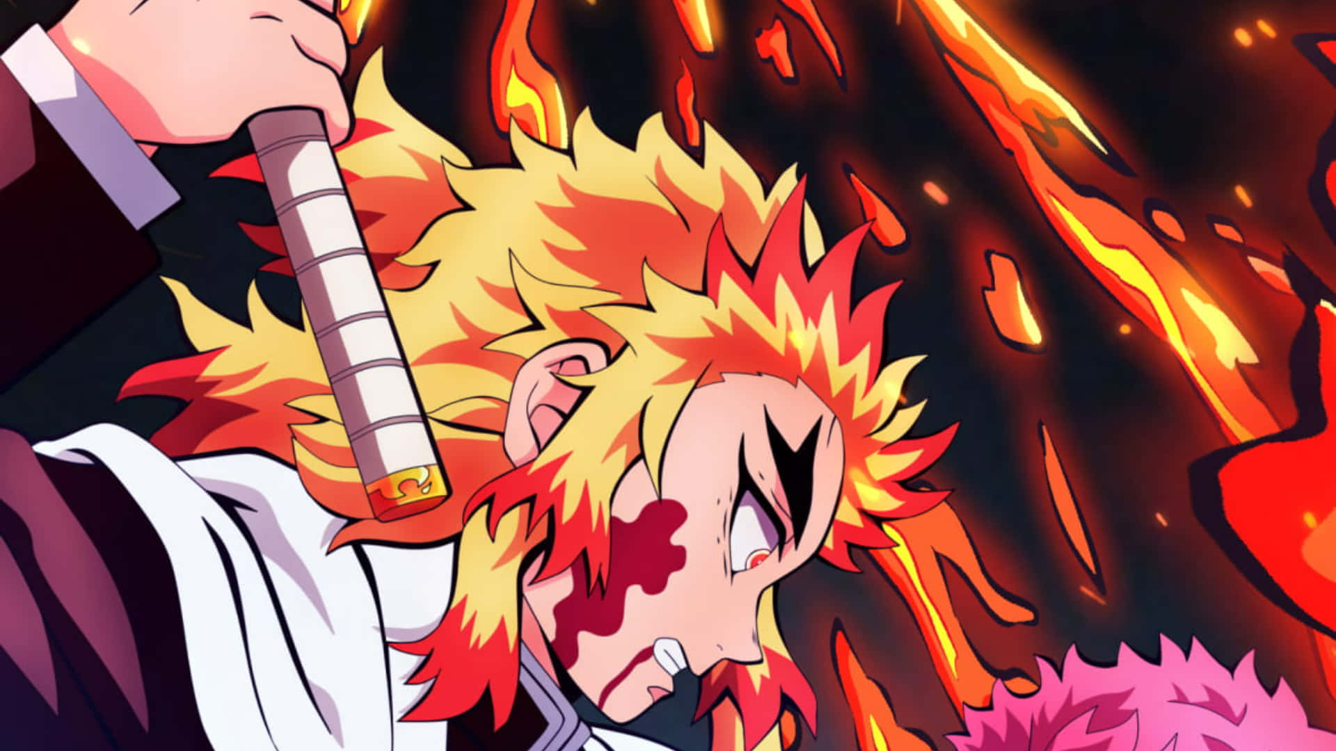 Flame Hashira, fiery-haired anime warrior, sword, Full HD Desktop Wallpaper