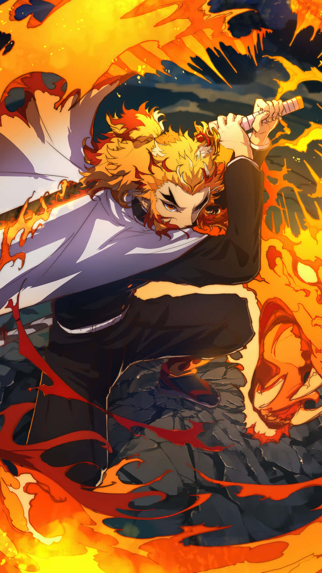 Flame Hashira, fiery-haired anime warrior, black and white attire, Full HD Phone Wallpaper