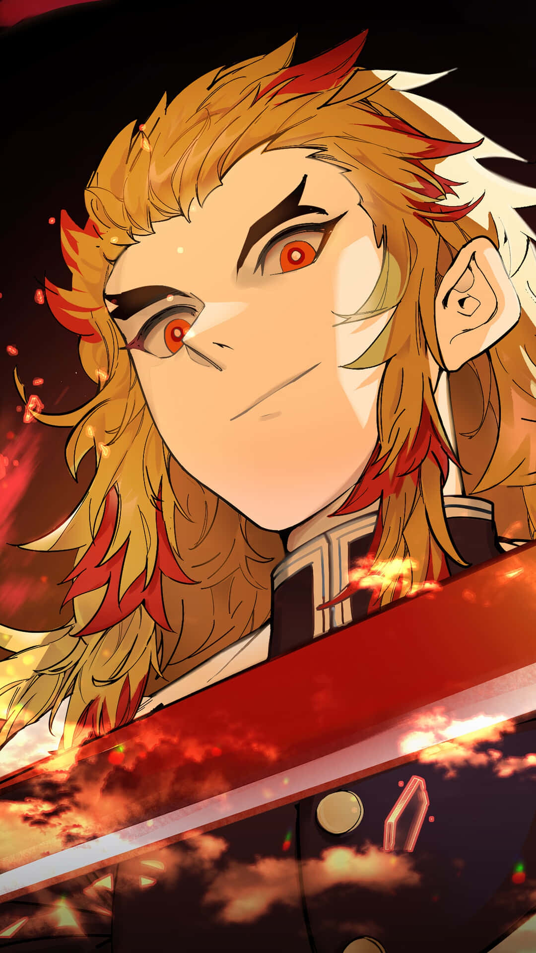 Flame Hashira, fiery-haired anime warrior, red eyes, Full HD Phone Wallpaper