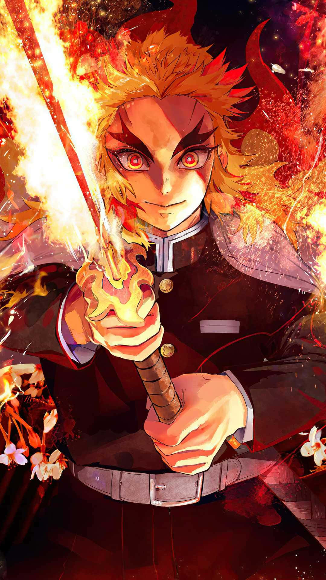 Flame Hashira, fiery-haired anime warrior, blazing sword, Full HD Phone Wallpaper