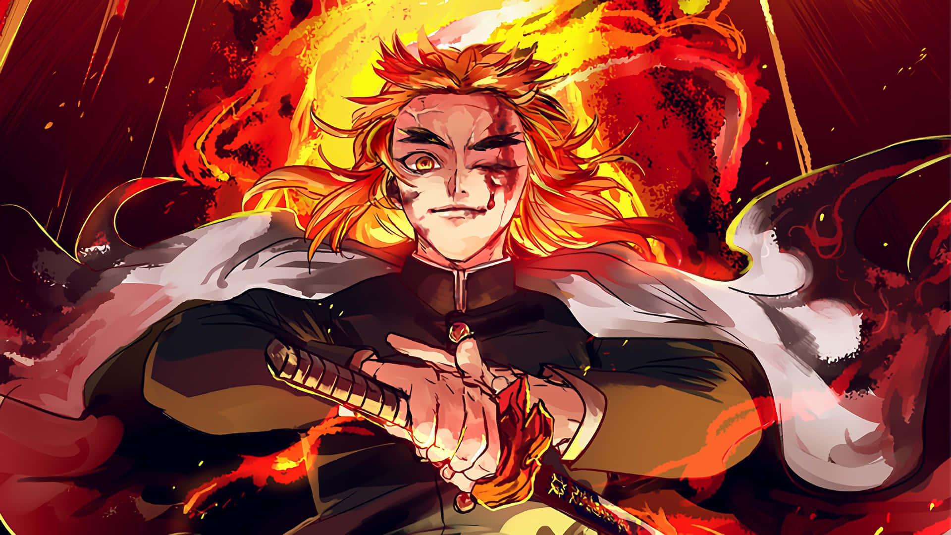 Flame Hashira, fiery-haired warrior, flaming sword, Full HD Desktop Wallpaper
