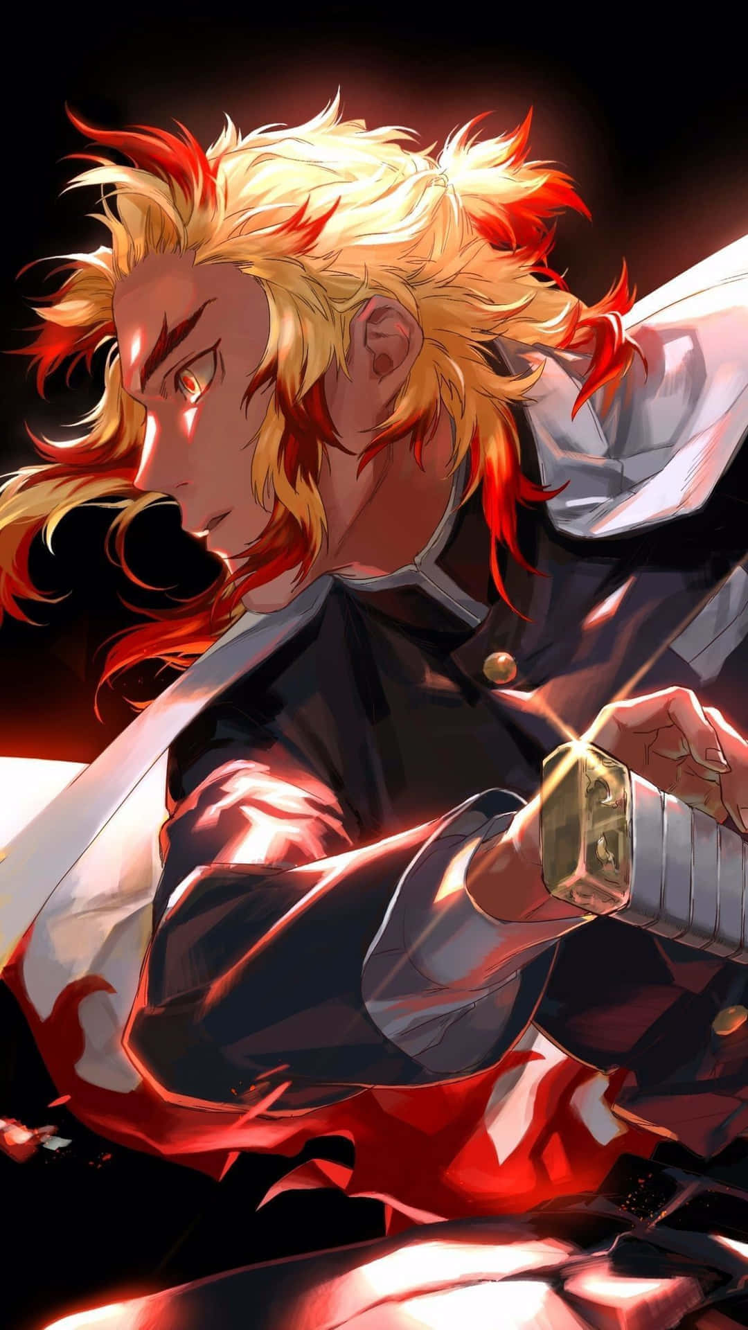 Flame Hashira, fiery-haired anime warrior, dark uniform, Full HD Phone Wallpaper