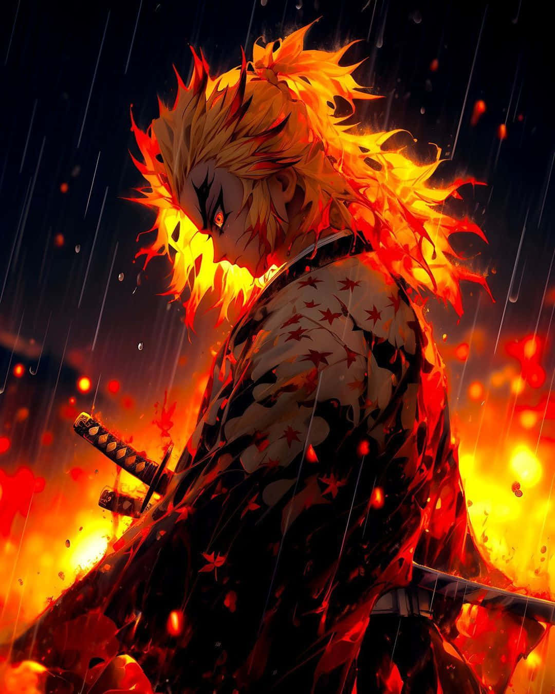 Flame Hashira, fiery-haired anime warrior, red maple leaf kimono, HD Phone Wallpaper