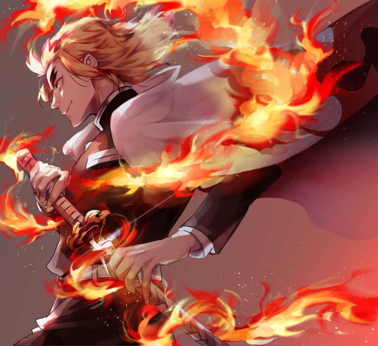 Flame Hashira, blonde anime warrior, white and black uniform, SD Desktop Wallpaper