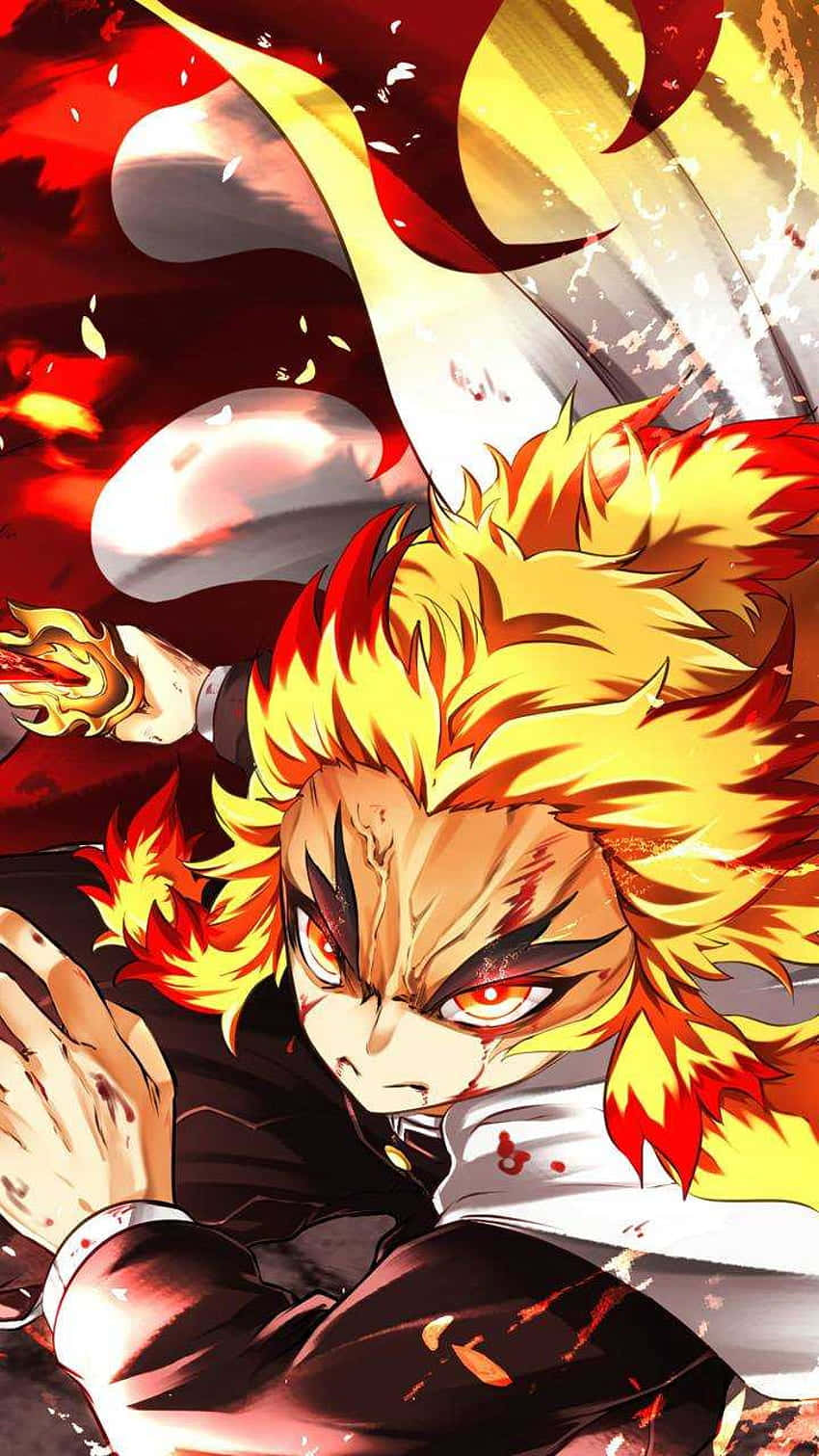 Flame Hashira, fiery-haired anime warrior, glowing red eyes, HD Phone Wallpaper