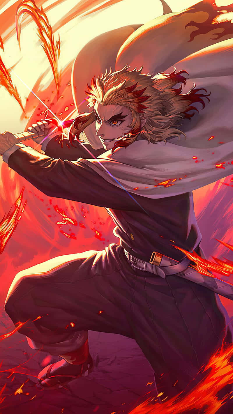 Flame Hashira, fiery-haired anime warrior, glowing sword, HD Phone Wallpaper