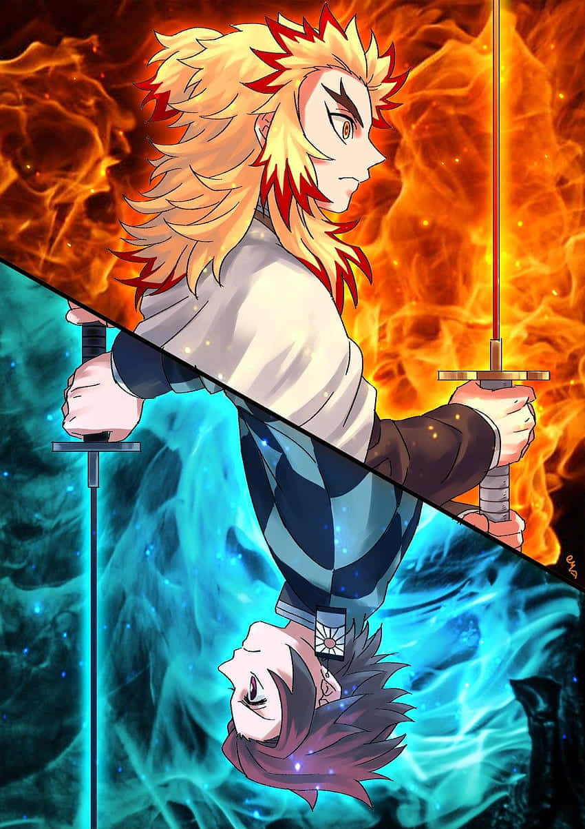 Flame Hashira, spiky blonde hair, fiery orange flames, SD Phone Wallpaper