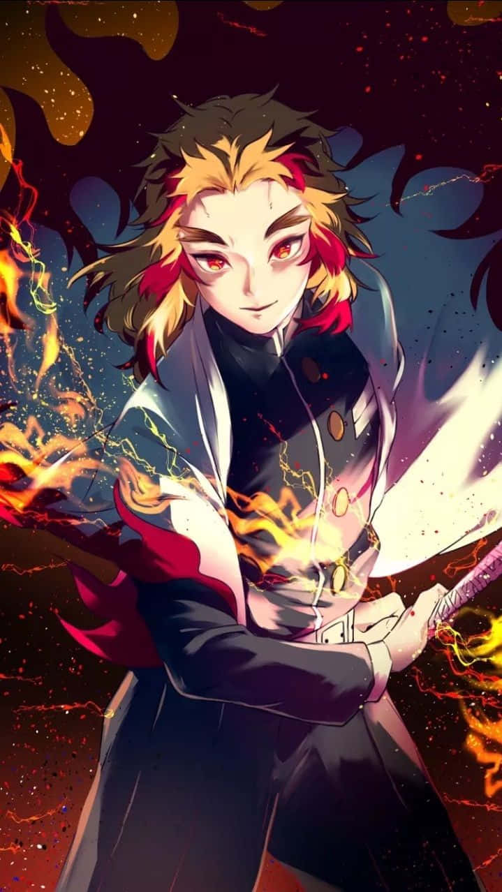 Flame Hashira, red eyes, spiky hair, SD Phone Wallpaper