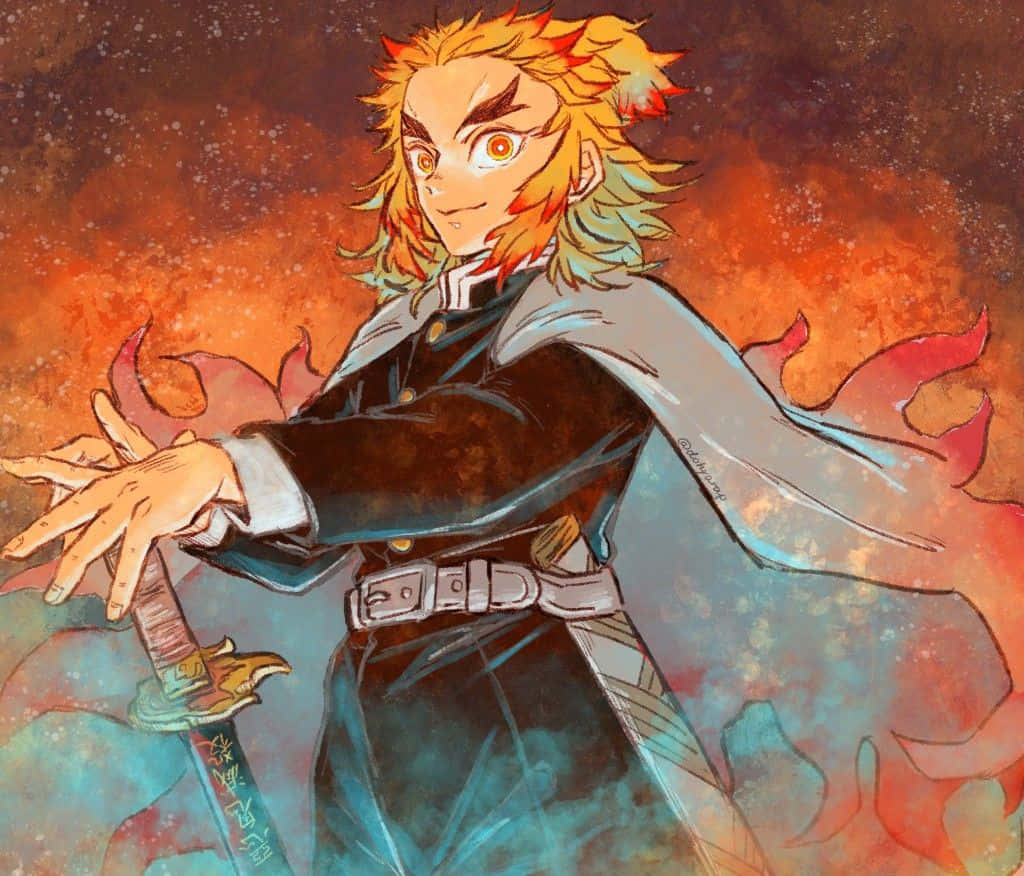 Flame Hashira, fiery-haired anime warrior, dark uniform, SD Desktop Wallpaper