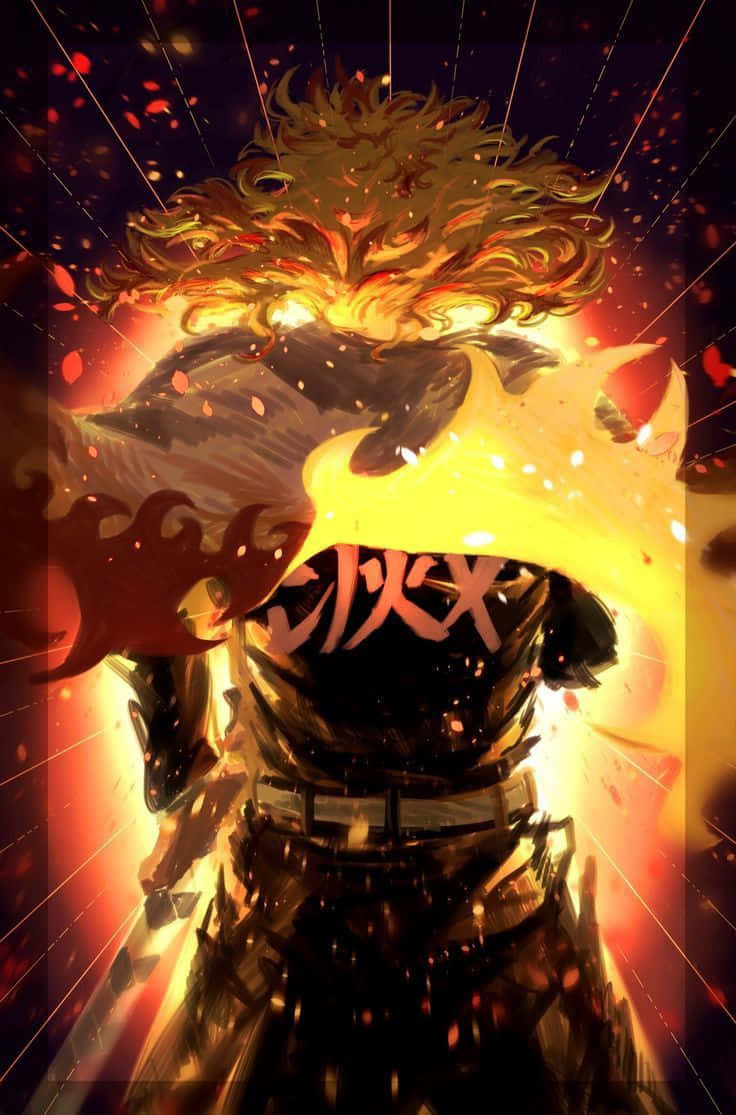 Flame Hashira, fiery-haired warrior, black armor, SD Phone Wallpaper