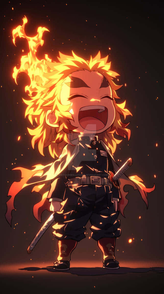 Flame Hashira, chibi anime warrior, fiery orange hair, SD Phone Wallpaper