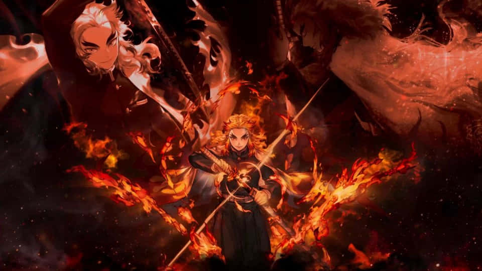 Flame Hashira, golden hair, flaming sword, SD Desktop Wallpaper
