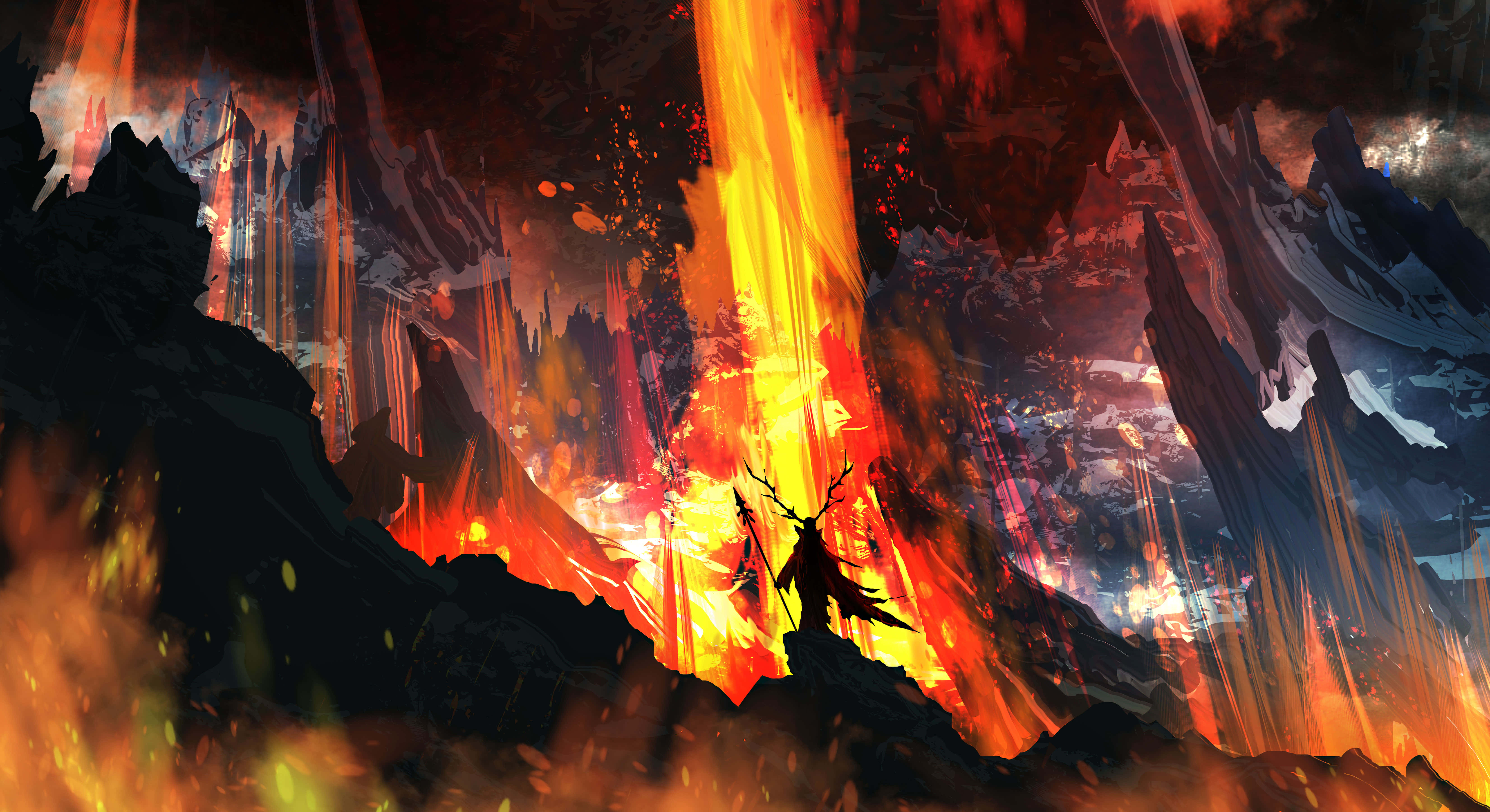 Burning Forest Mountain Fire PFP, towering erupting volcano, fiery fantasy landscape, 5K Desktop Wallpaper