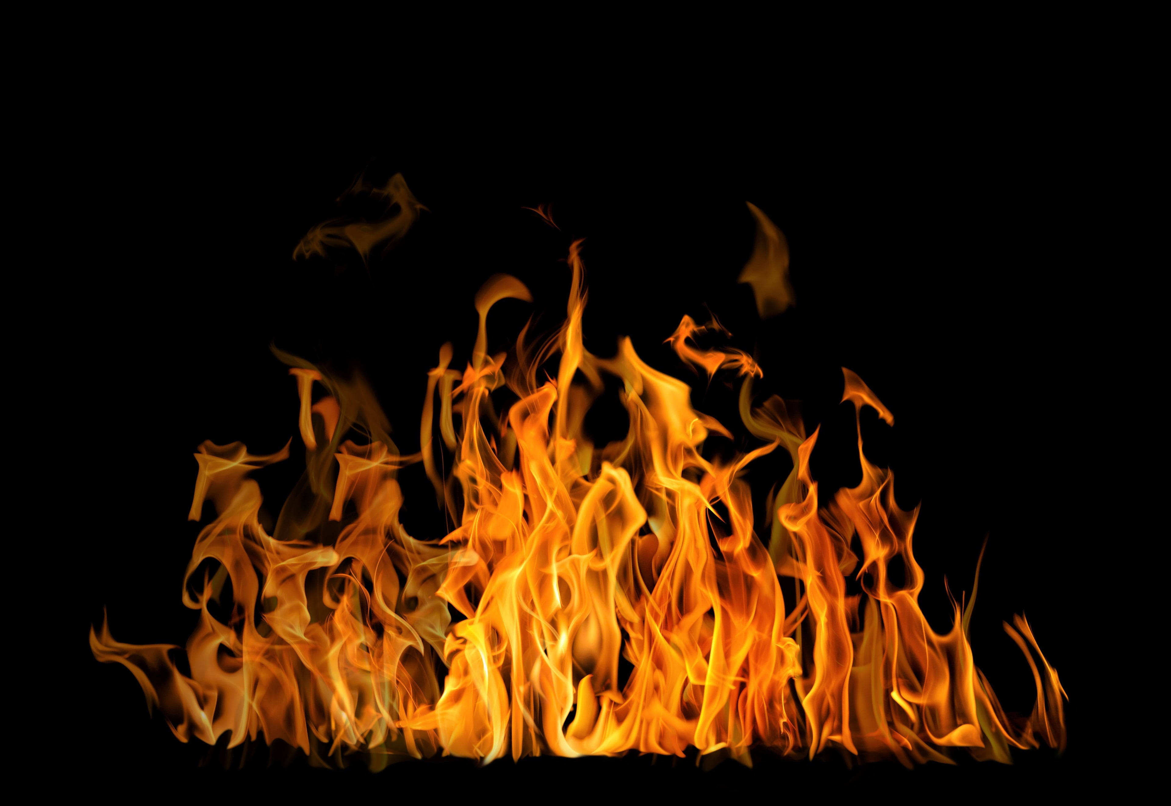 4k fire, Vivid orange and yellow flames, pure black background, 4K Desktop Wallpaper