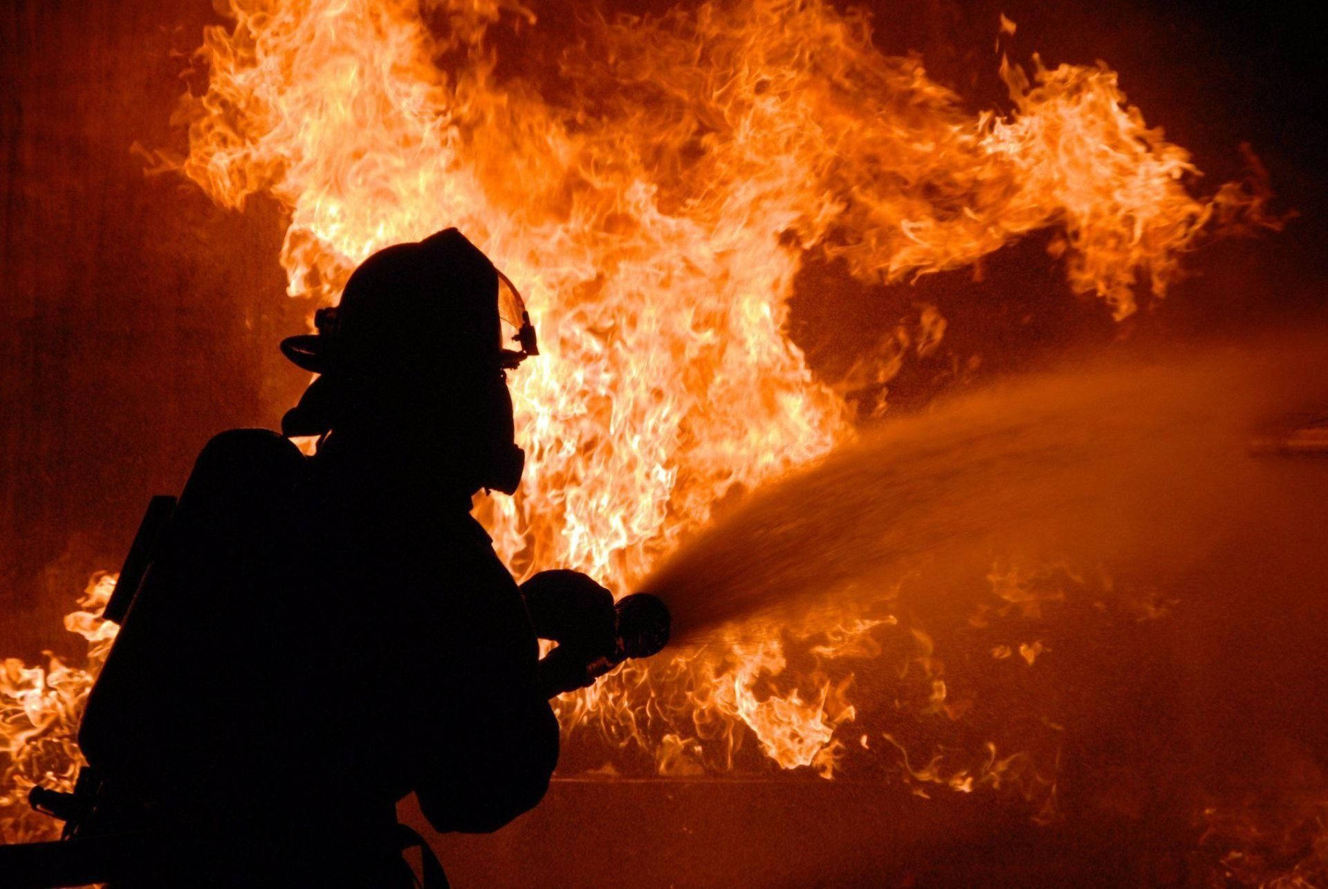 firefighter, silhouette, roaring flames, Full HD Desktop Wallpaper