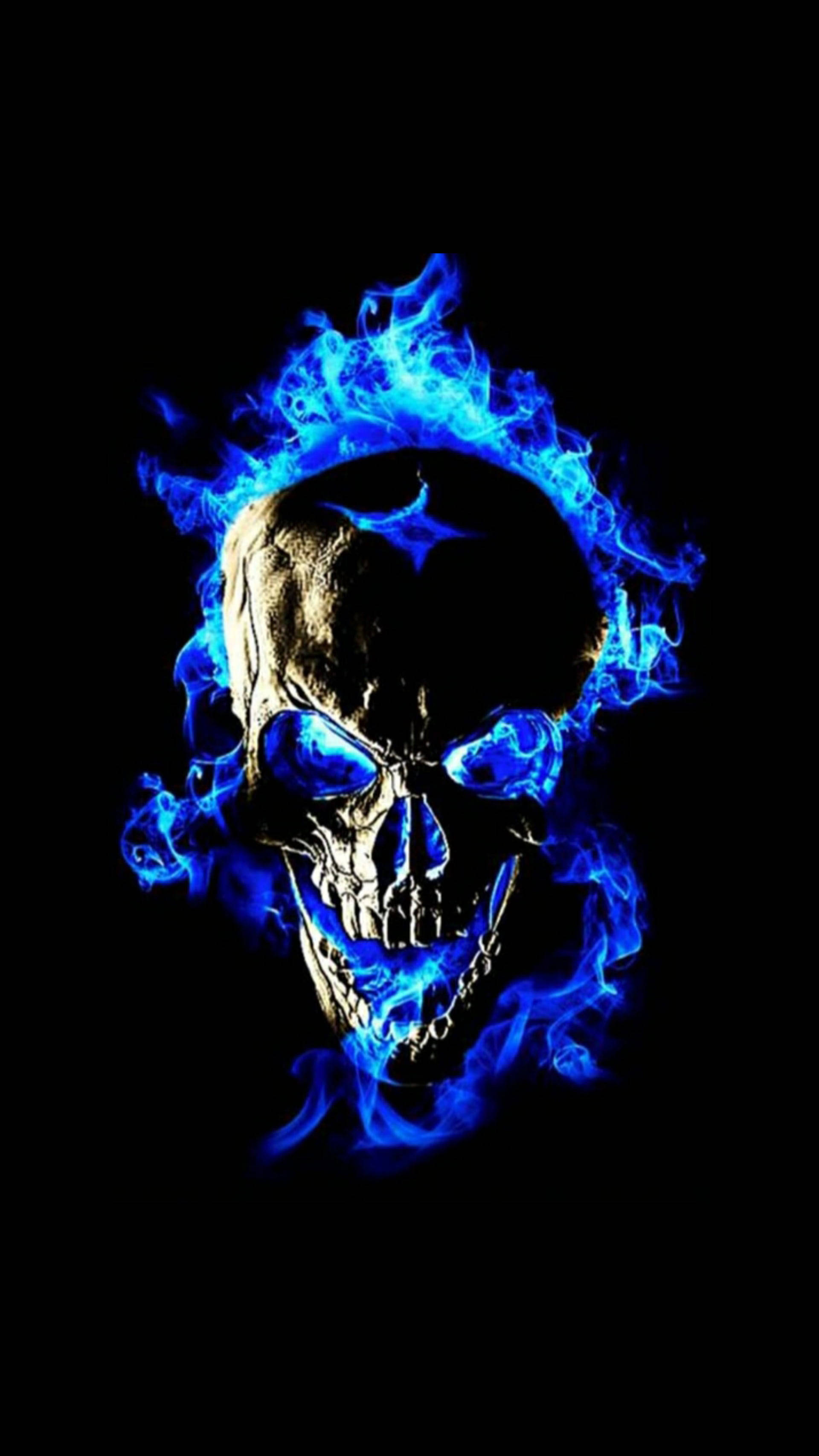blue flame skull, vibrant blue flames, pitch-black background, 2K Phone Wallpaper