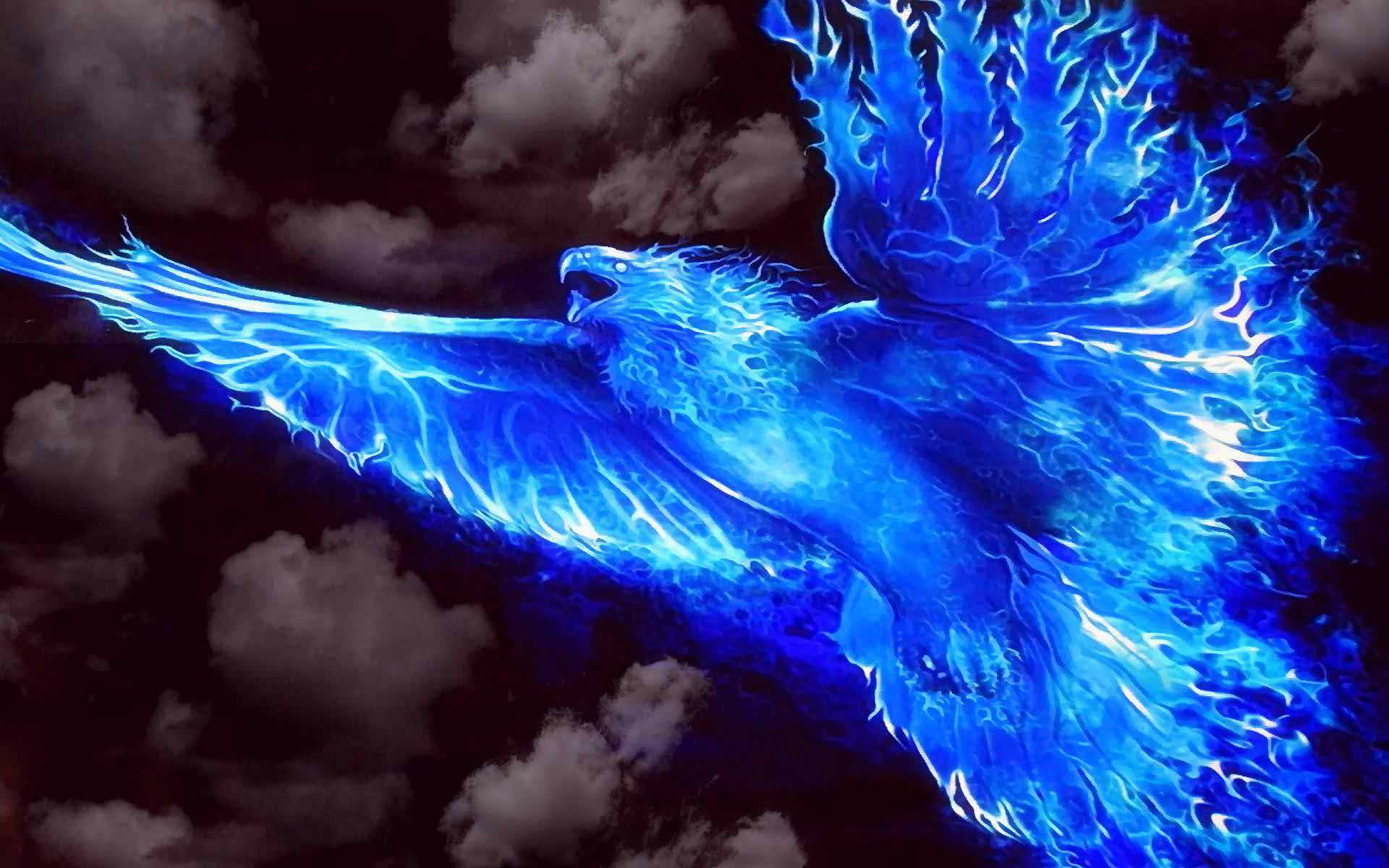 phoenix, blue phoenix, glowing wings, Full HD Desktop Wallpaper