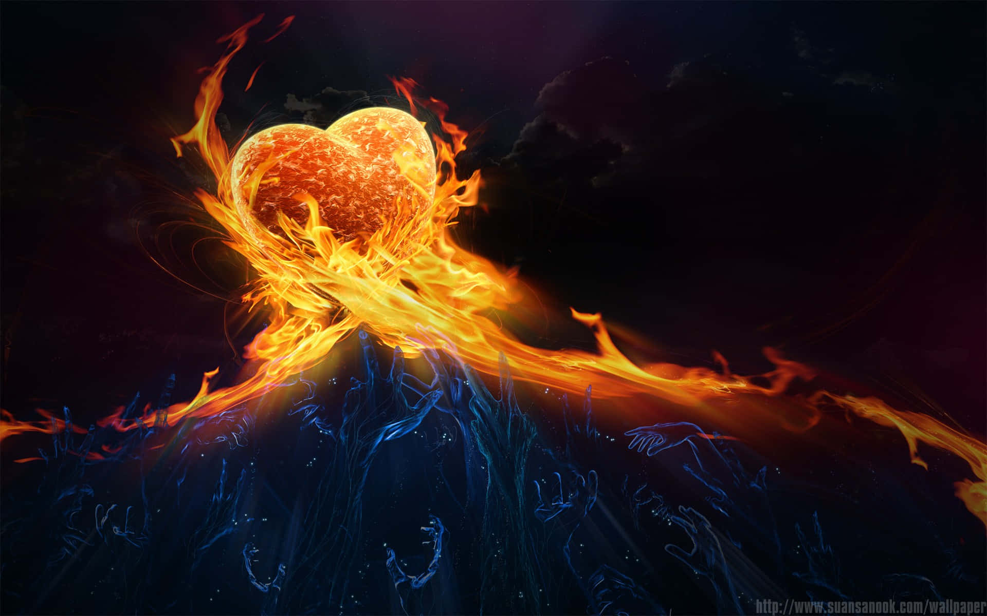 flaming passionate heart, glowing fiery heart, blue reaching hands, Full HD Desktop Wallpaper