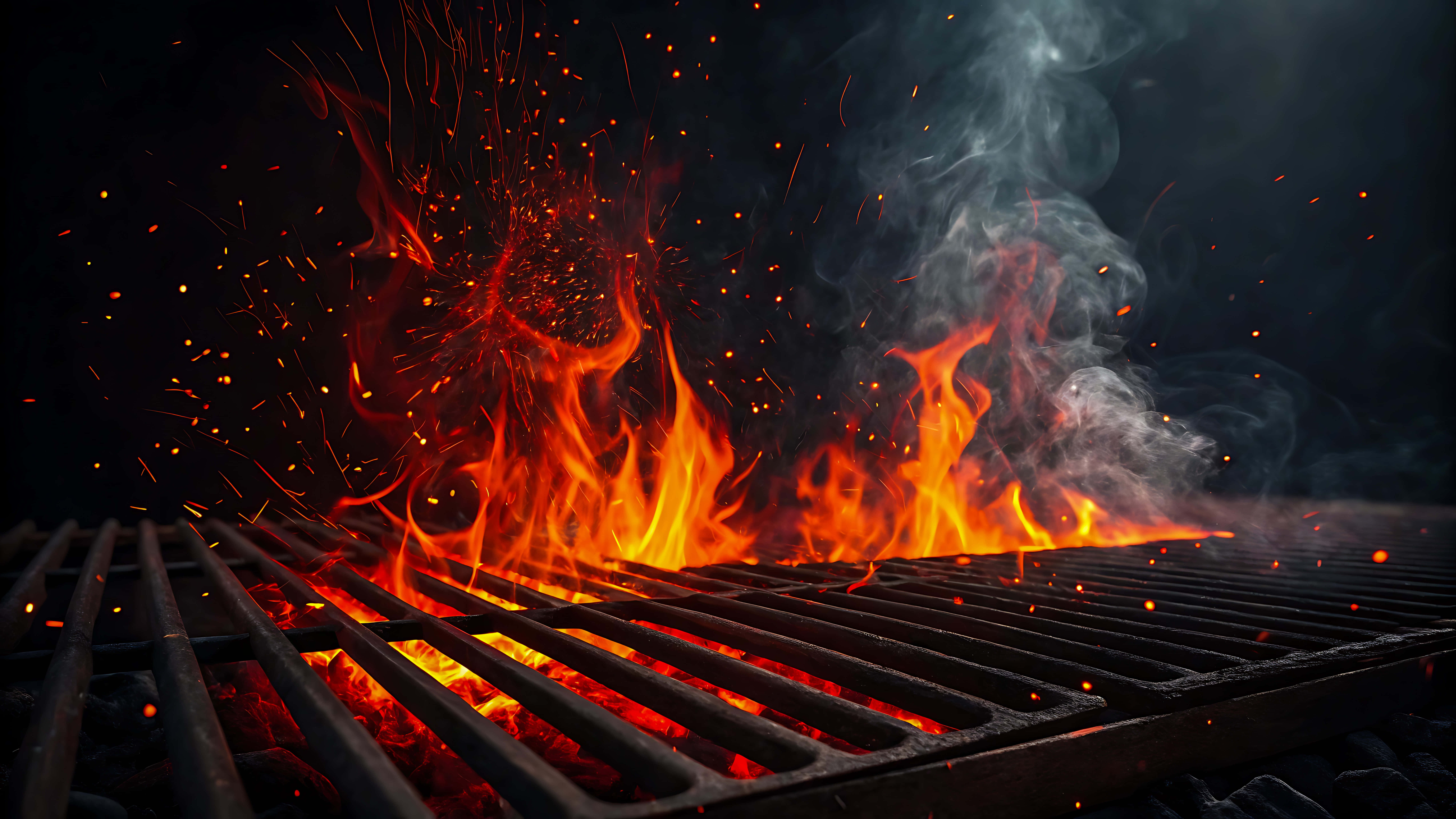 barbecue grill, flames, sparks, 8K Desktop Wallpaper