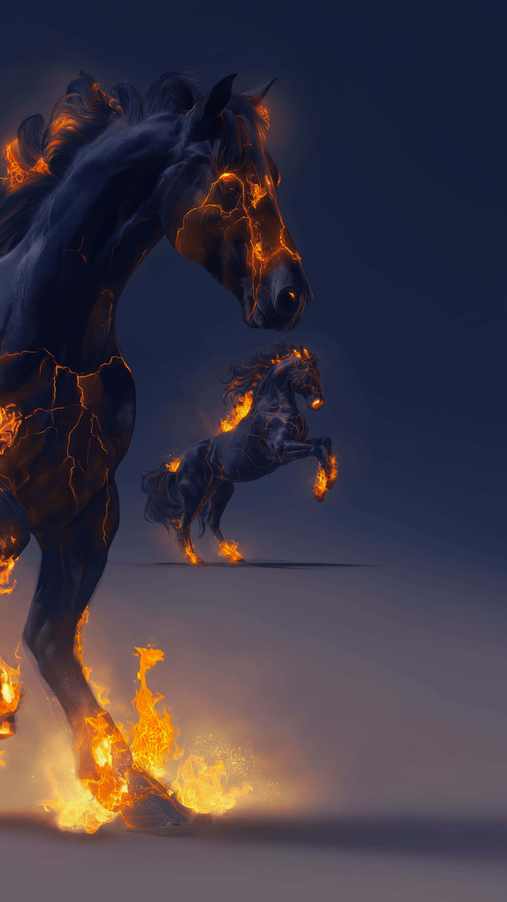 black horses, glowing orange lightning, crackling light, 2K Phone Wallpaper
