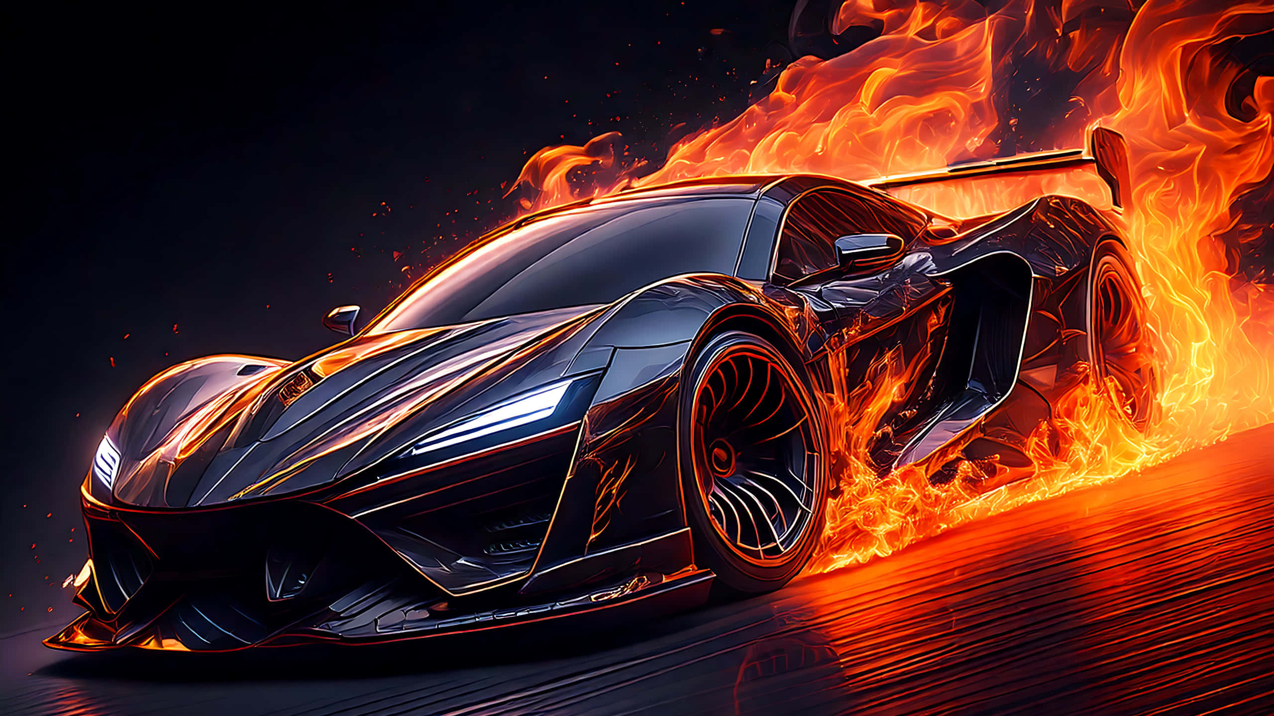 supercar, black sports car, orange flames, 2K Desktop Wallpaper