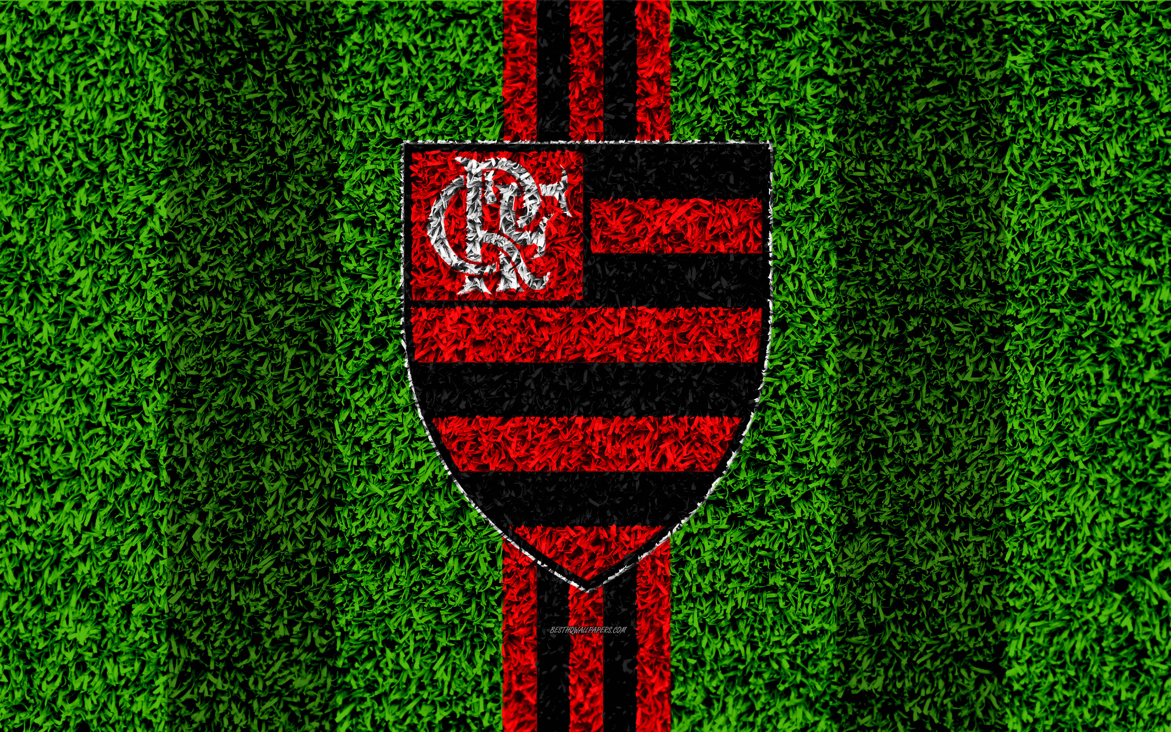 Flamengo FC, red and black stripes, vibrant green grass texture, 4K Desktop Wallpaper