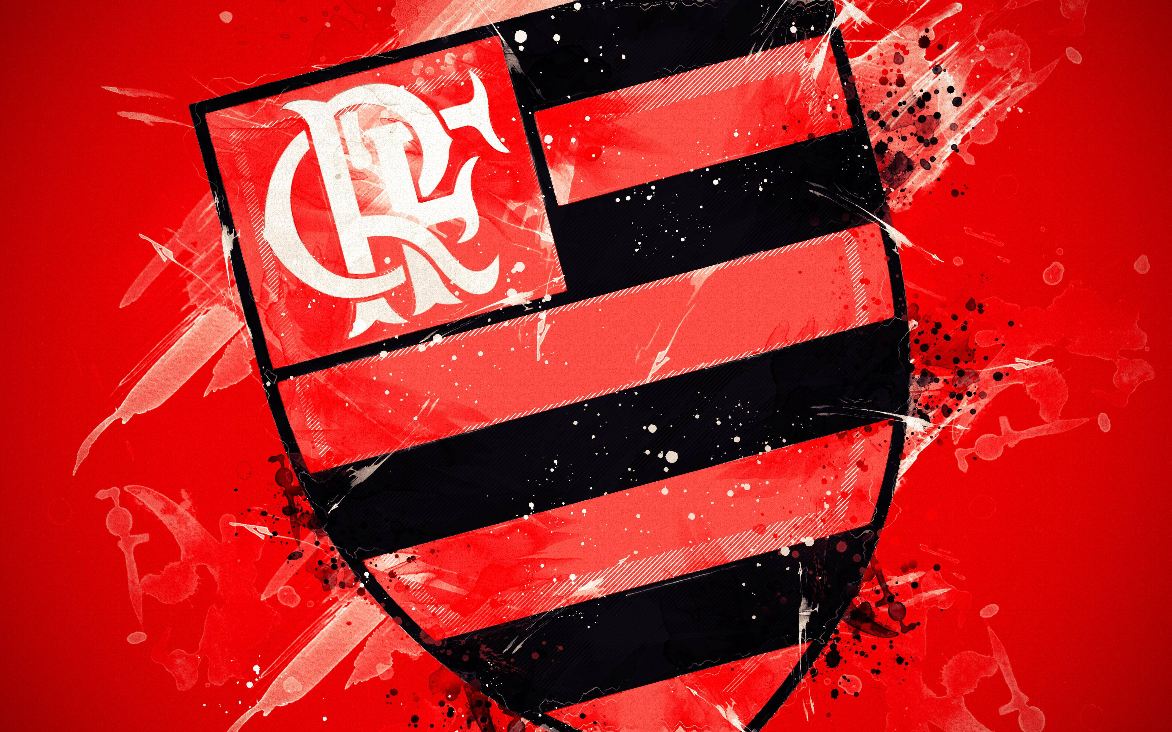 Flamengo FC, red and black Flamengo crest, white graffiti-style splatters, 4K Desktop Wallpaper