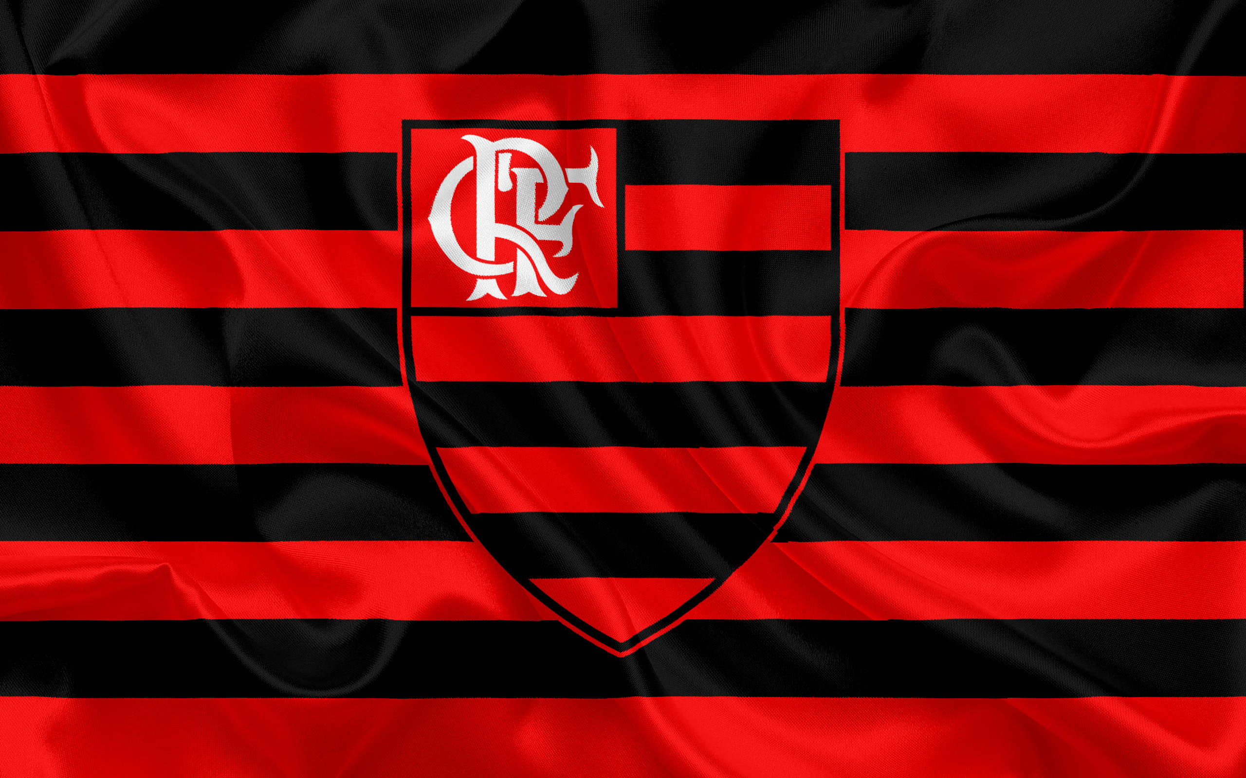 Flamengo FC, red and black striped flag, central white crest, 2K Desktop Wallpaper