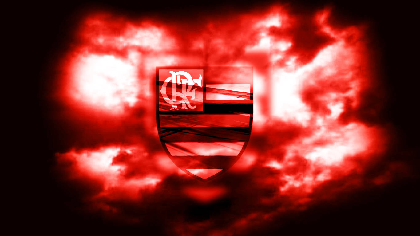 Flamengo FC, red and black shield emblem, fiery stormy sky, HD Desktop Wallpaper