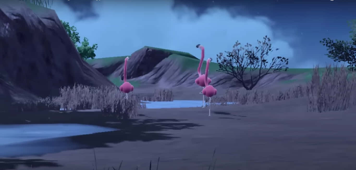 Nighttime Flamingosin Virtual Wetlands, pink flamingos, shallow water, HD Desktop Wallpaper