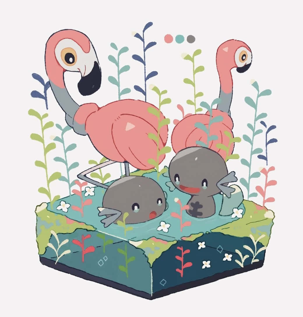 flamingosand friends, pink flamingos, gray mudfish, SD Phone Wallpaper