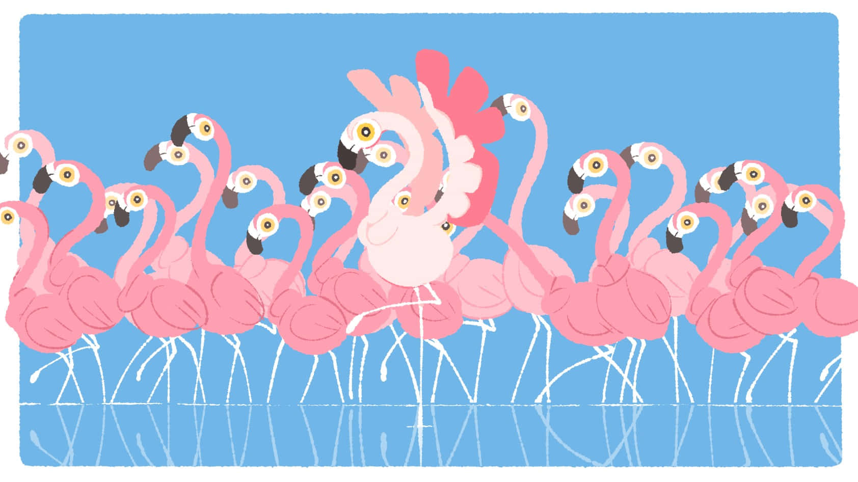flock of flamingos, stylized pink flamingos, shallow blue water, HD Desktop Wallpaper