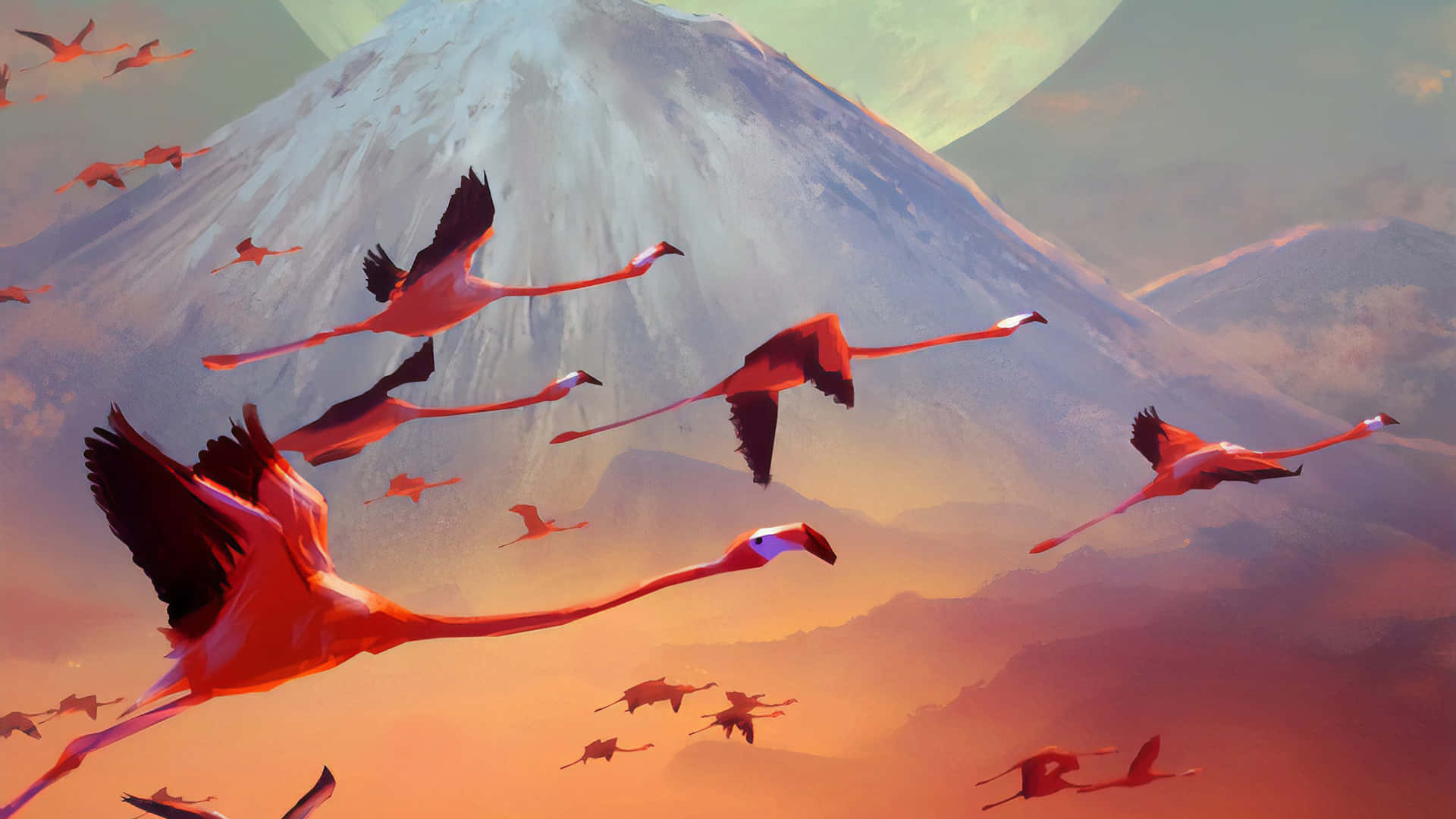 Flamingo laptop, pink flamingos, glowing mountain backdrop, Full HD Desktop Wallpaper
