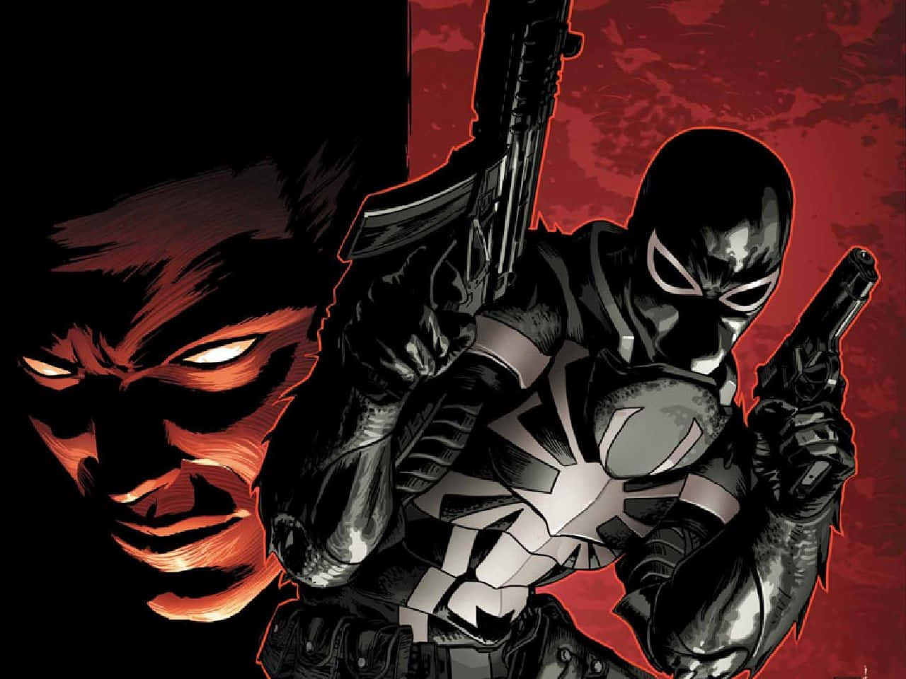 Flash Thompson, black and white armor, blood-red textured background, HD Desktop Wallpaper