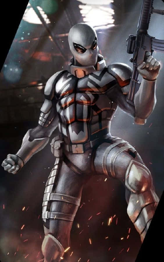 Flash Thompson, silver armored superhero, glowing orange eyes, SD Phone Wallpaper