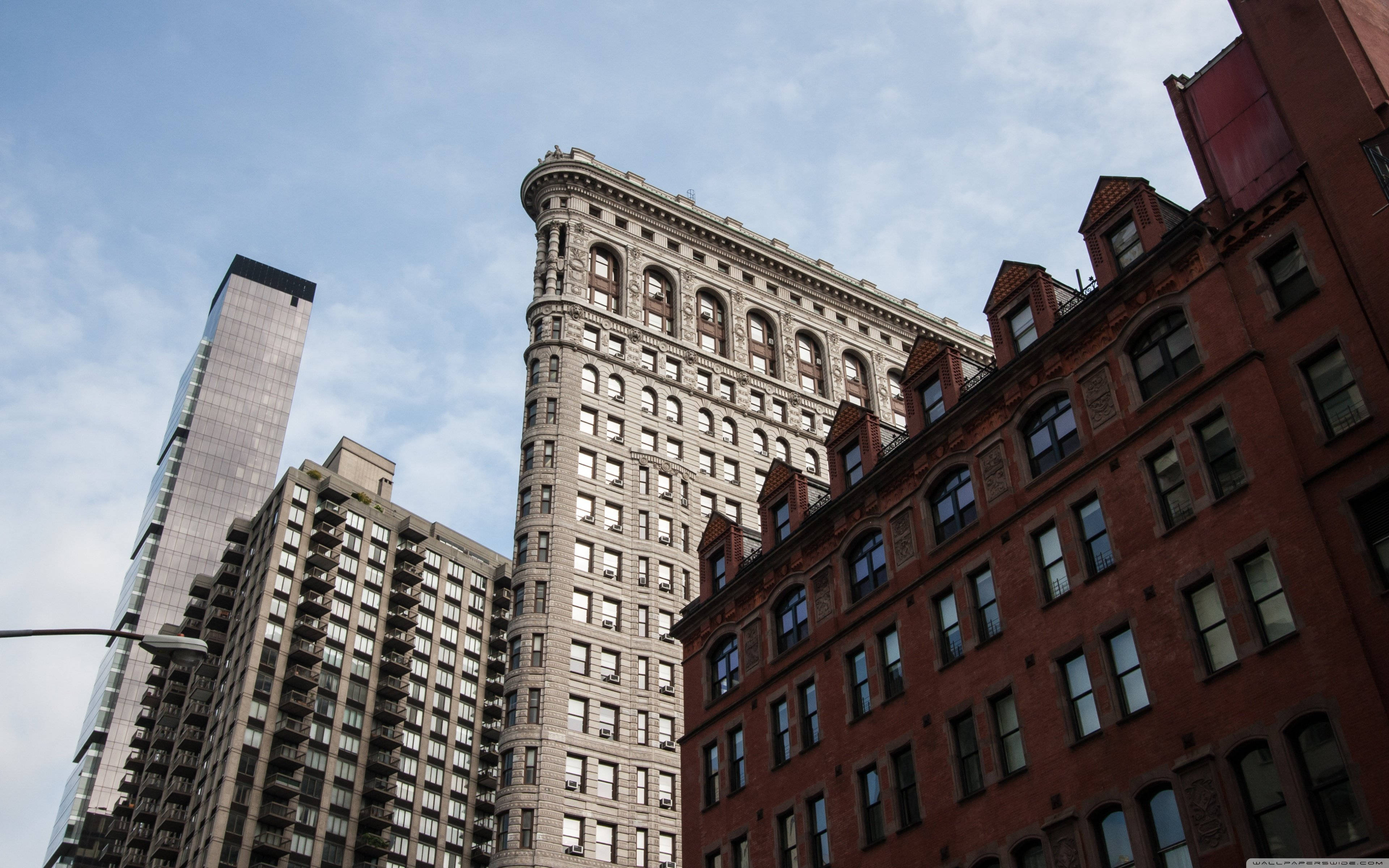 Flatiron Building, red brick skyscrapers, glass skyscrapers, 4K Desktop Wallpaper