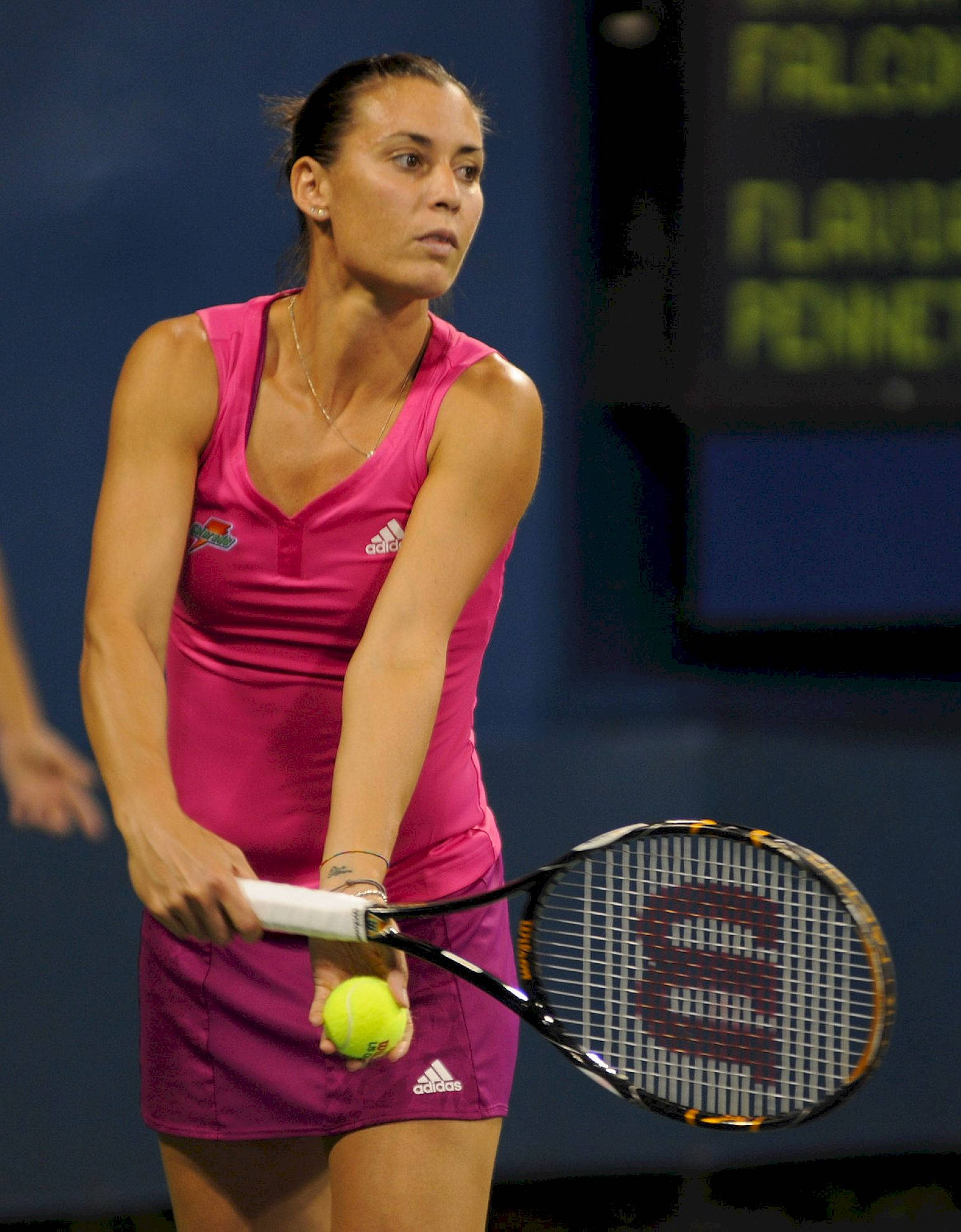 Flavia Pennetta, tennis serve, pink outfit, Full HD Phone Wallpaper