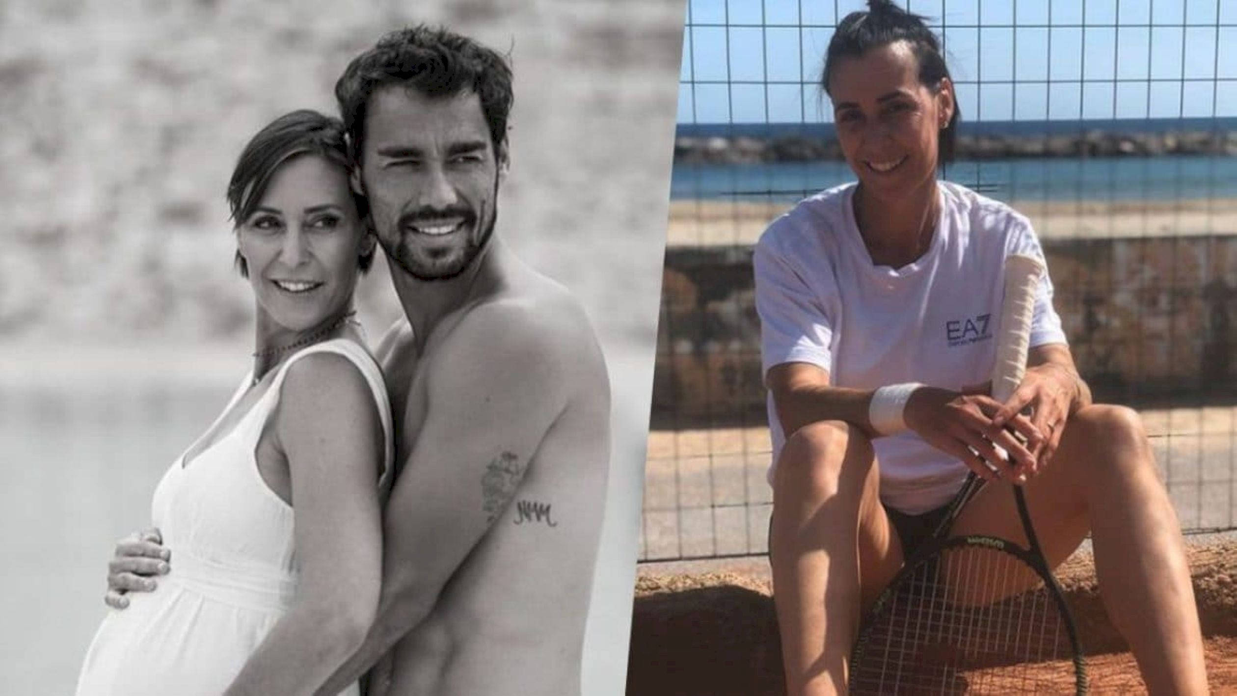 Flavia Pennetta, black and white beach portrait, pregnant couple embracing, Full HD Desktop Wallpaper