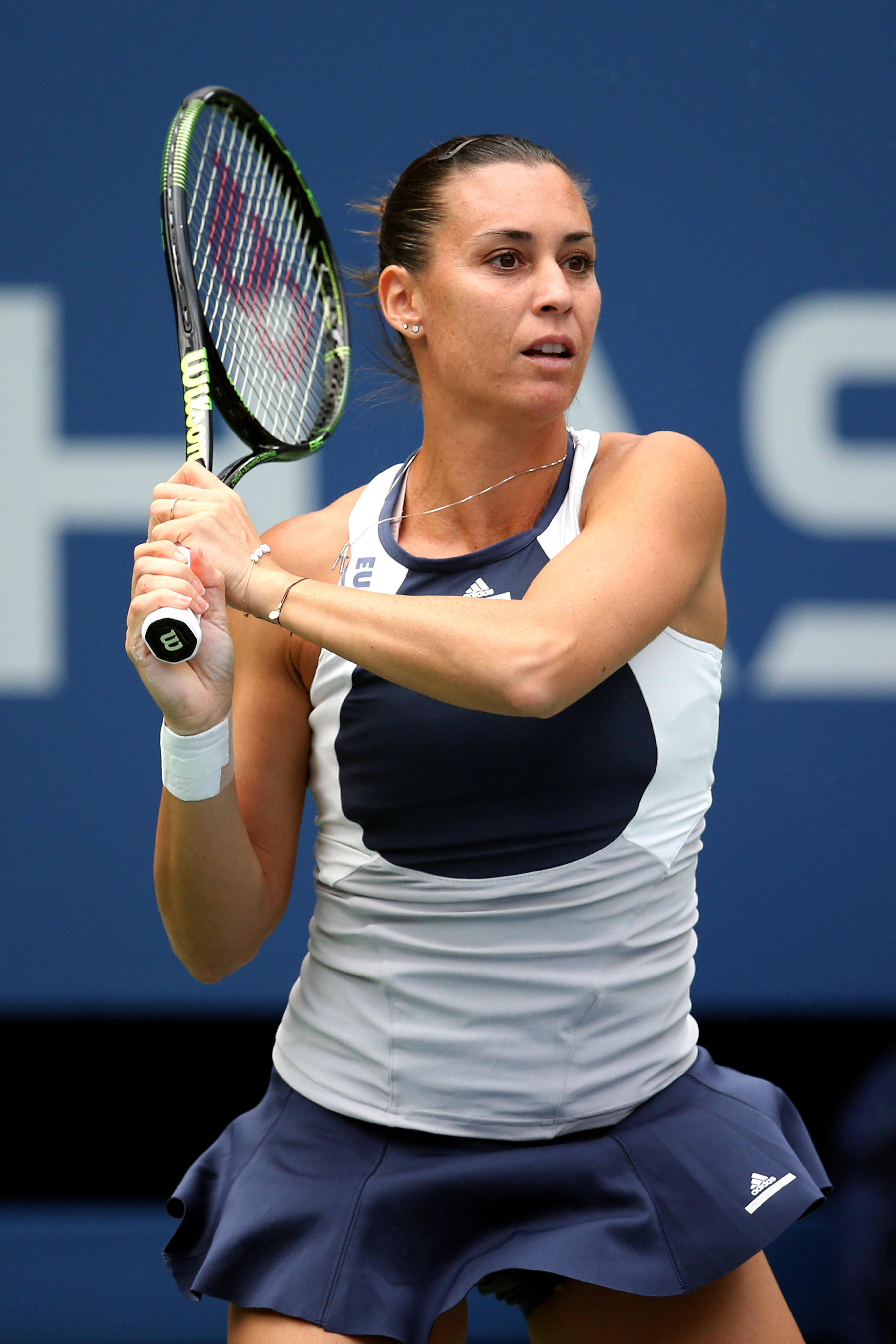 Flavia Pennetta, tennis racket, blue court, 4K Phone Wallpaper