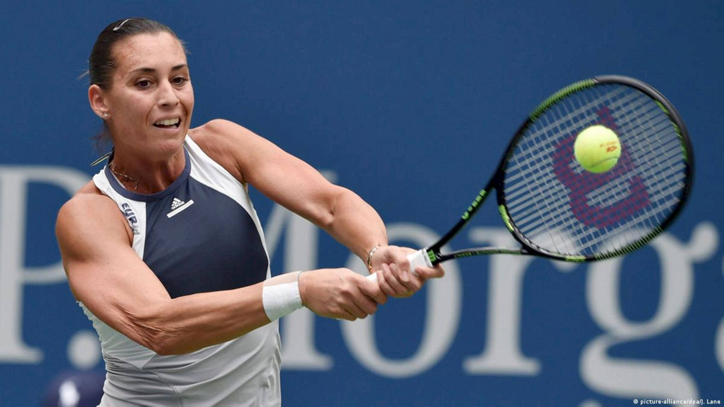 Flavia Pennetta, bright yellow ball, blue wall, Full HD Desktop Wallpaper