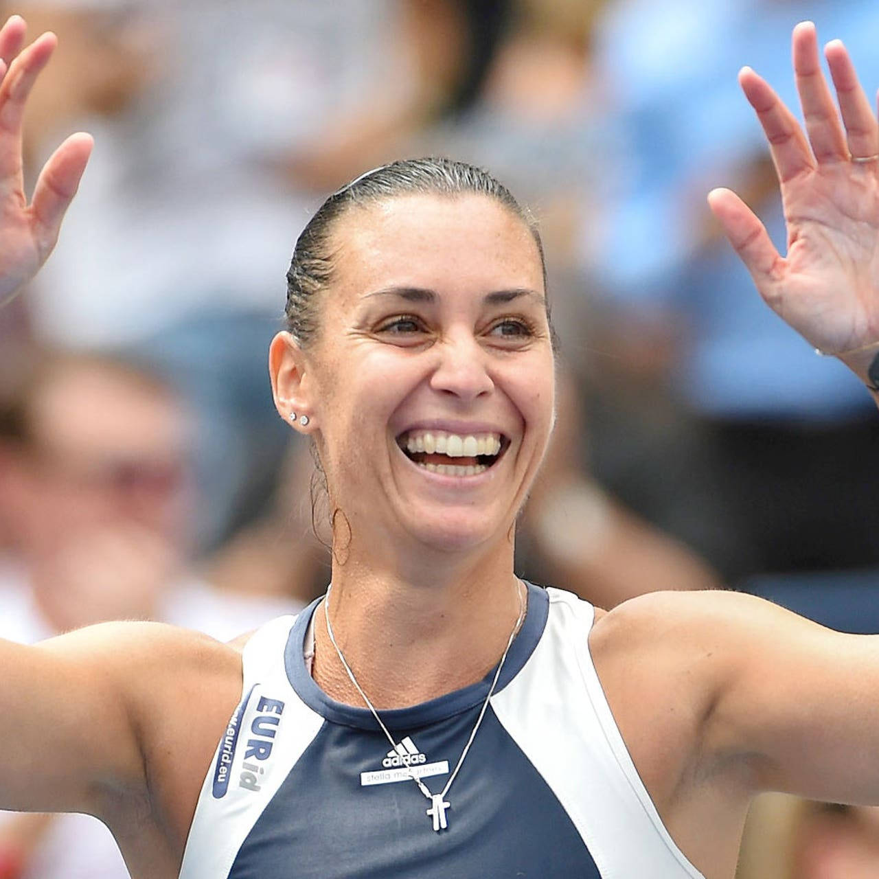 Flavia Pennetta, blue and white sports top, wide smile, HD Desktop Wallpaper