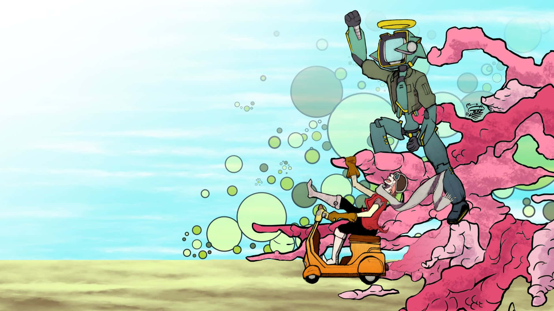 FLCL Alternative, cartoonish robot, halo, Full HD Desktop Wallpaper