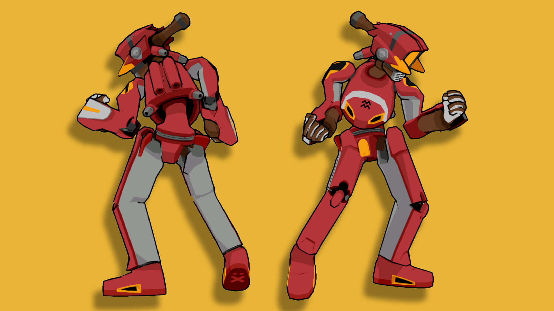 FLCL Canti, red and gray robot characters, solid yellow background, Full HD Desktop Wallpaper
