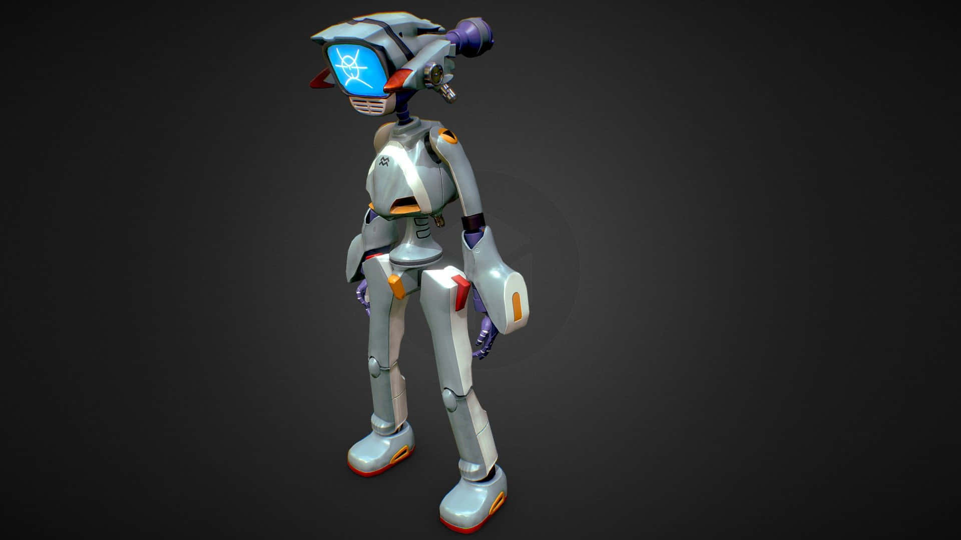 Flcl Canti, sleek silver humanoid robot, glowing blue visor, Full HD Desktop Wallpaper