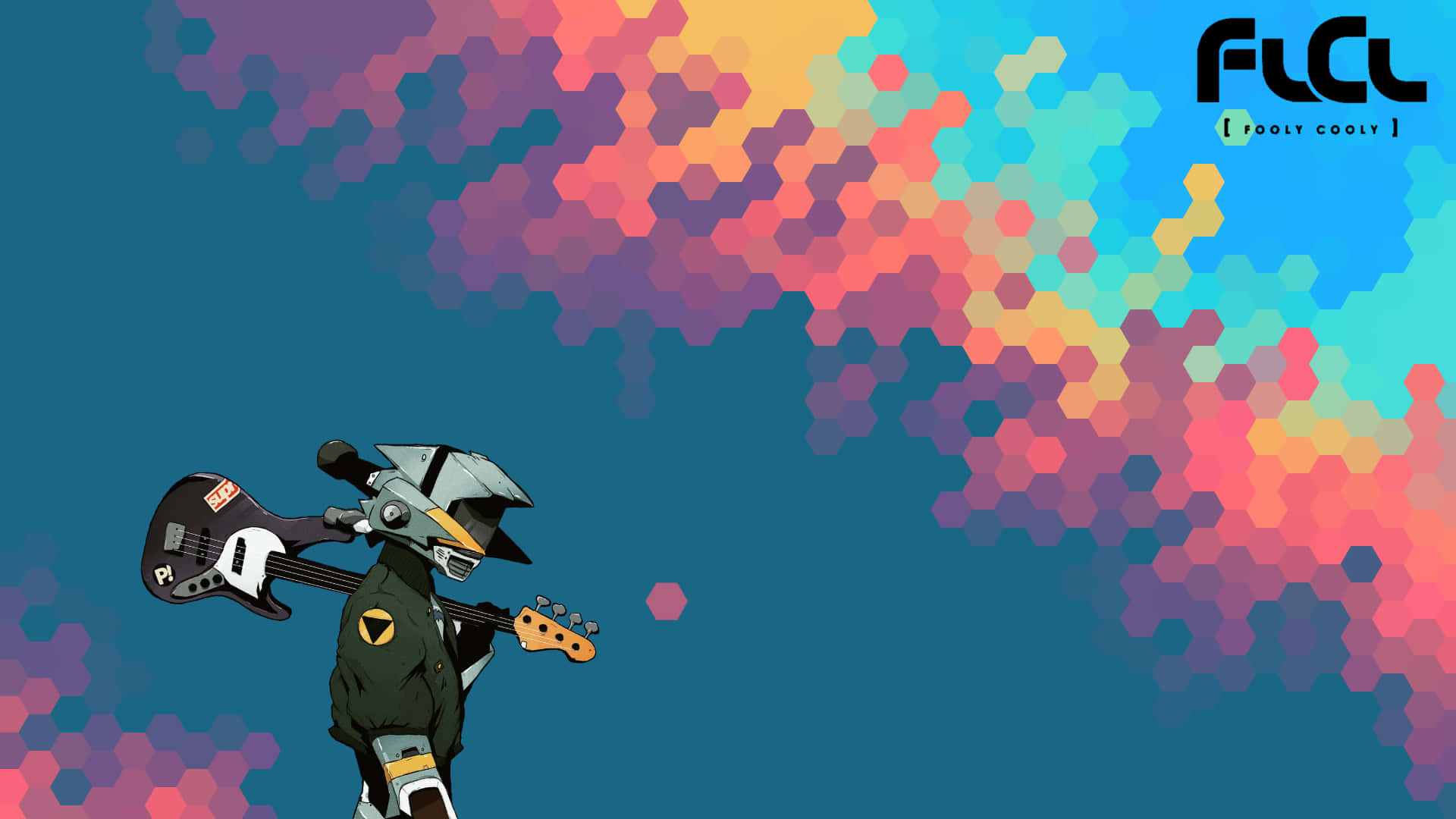 FLCL Canti, bass guitar, vibrant hexagonal color burst background, Full HD Desktop Wallpaper